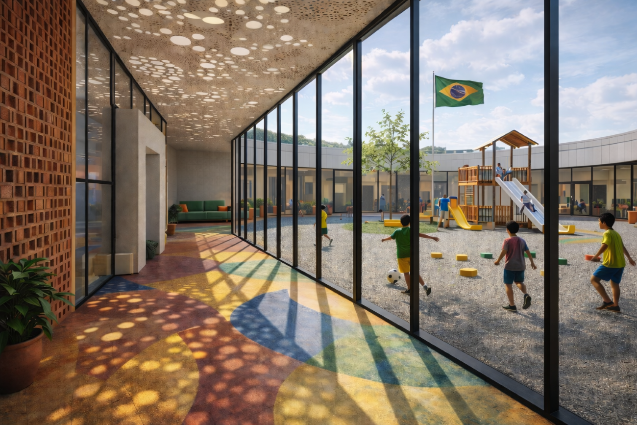 A colorful hallway with a variety of small skylights casting shadows on the floor looking into
a central courtyard where children play.