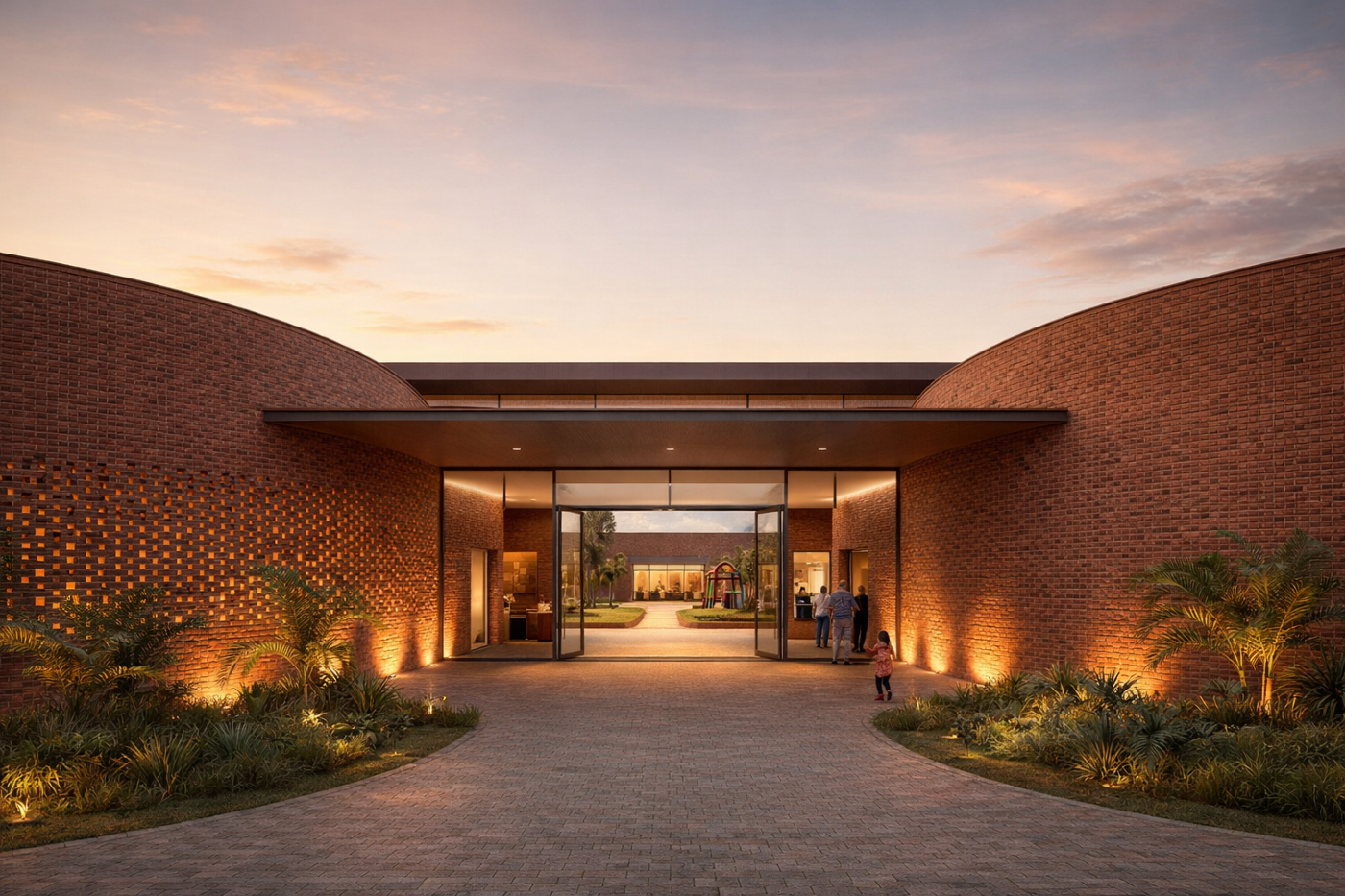 Exterior of a modern, brown brick building with soft, warm lighting and a glass entrance in
the middle.