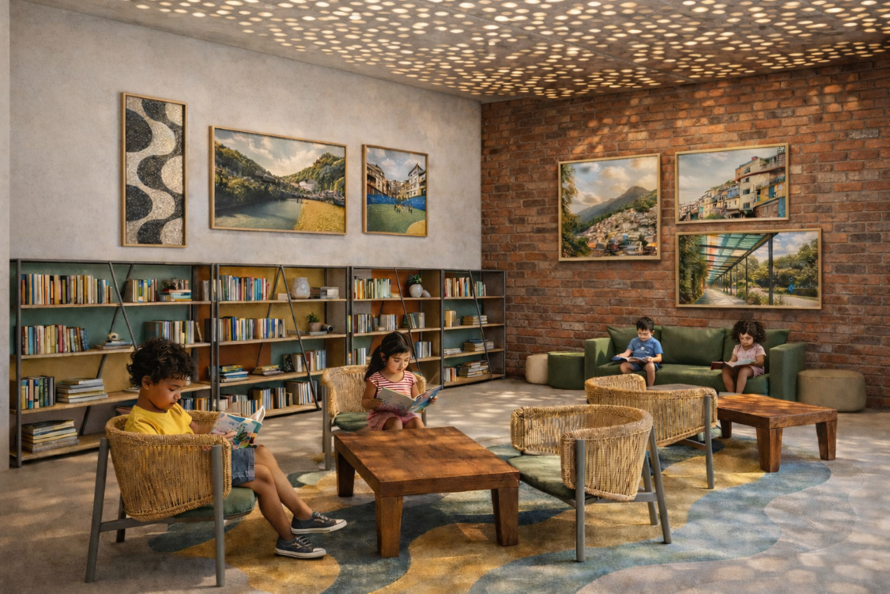 A small library room with bookshelves along the left wall and Brazil inspired artwork above.
Children sit in colorful chairs reading books.