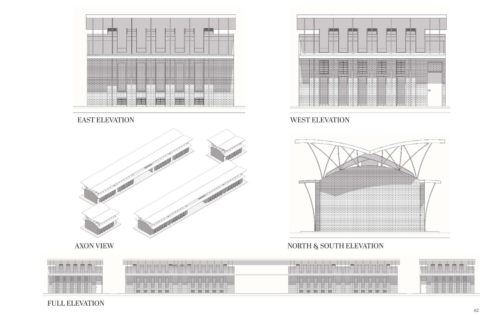 Architectural sheet showing east and west elevations, north and south elevation,
axonometric views, and full building elevation of a brick structure with curved roof and
canopy system.