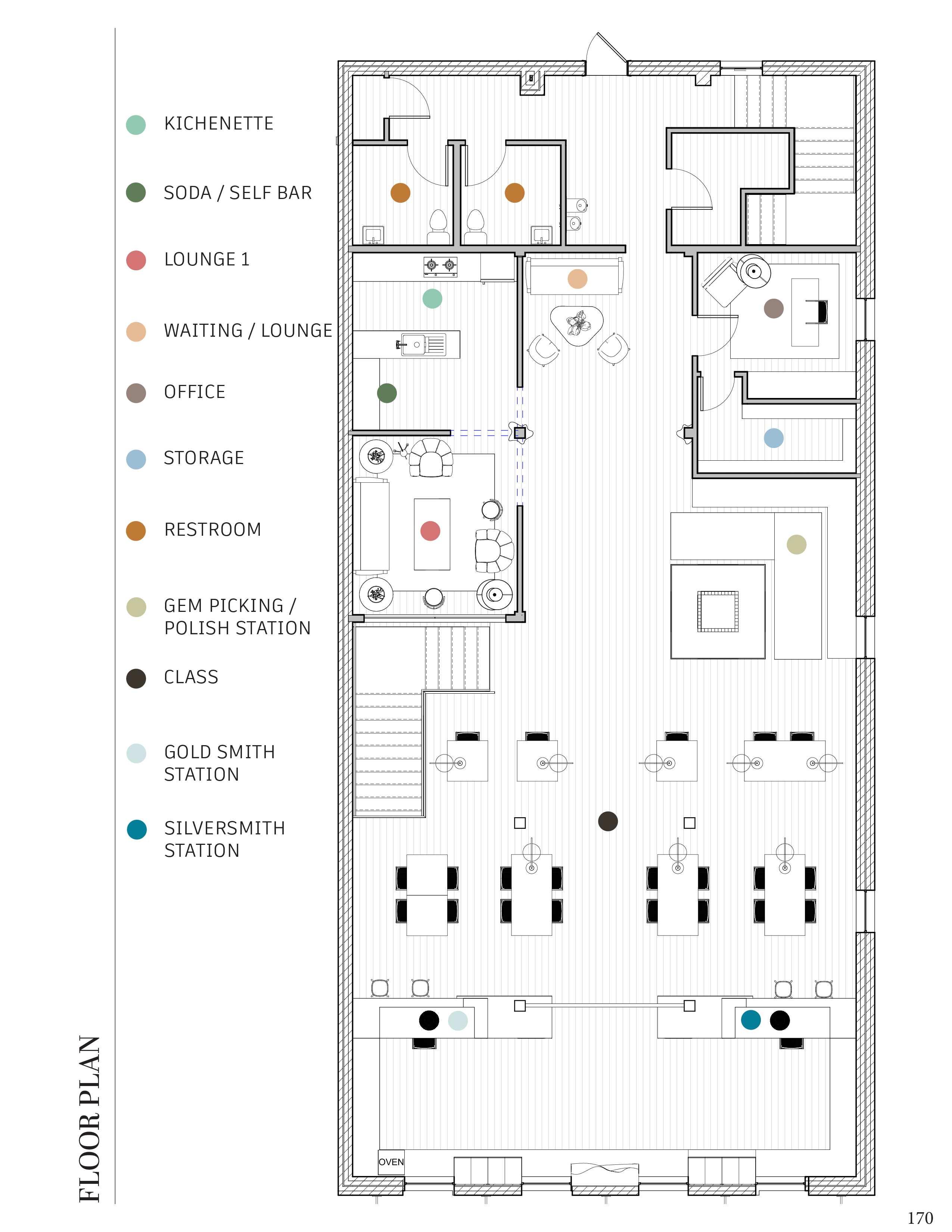 Floor plan of a jewelry studio showing labeled areas for workstations, lounge, office,
classroom, storage, and restroom with a color-coded legend.