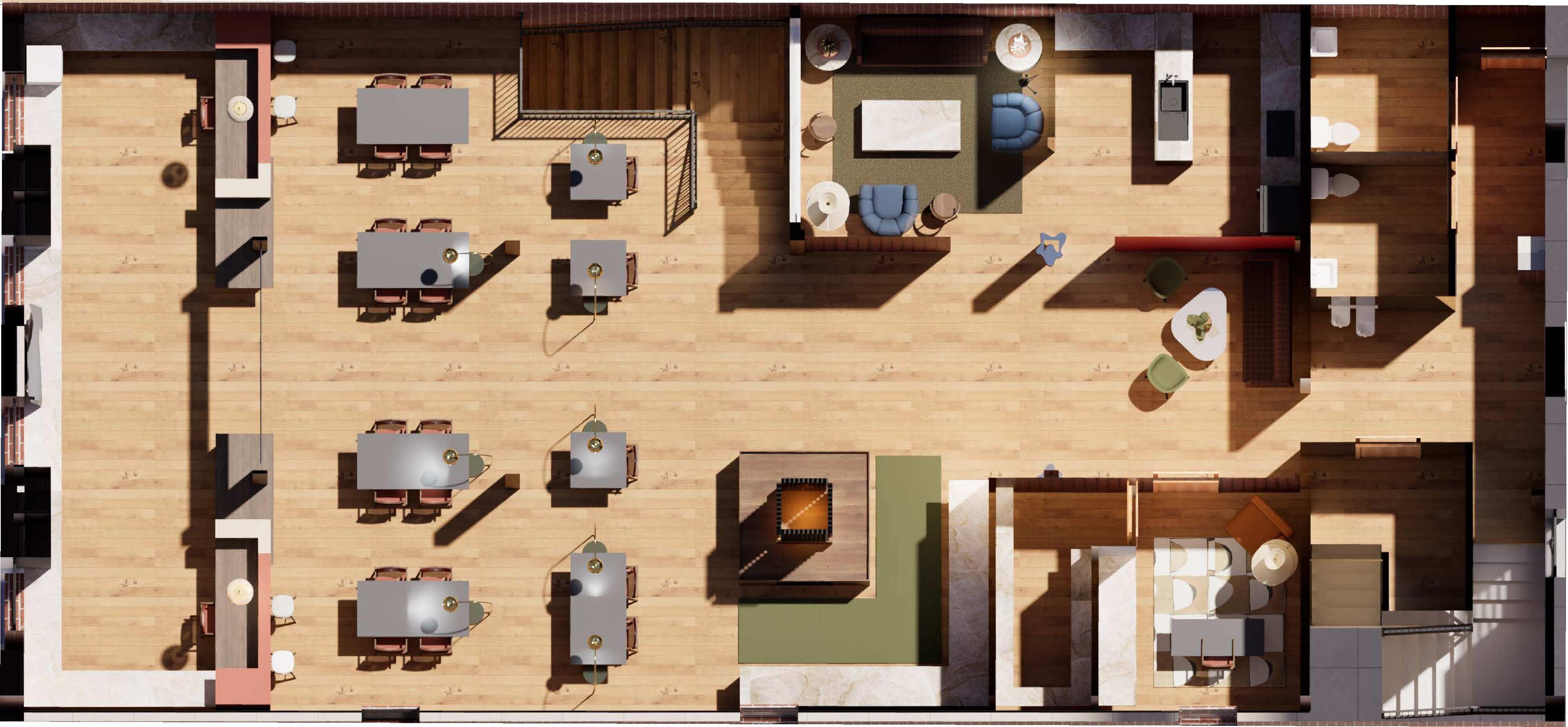 Top-down rendered view of a jewelry studio interior showing work tables, seating areas,
private rooms, and circulation paths.