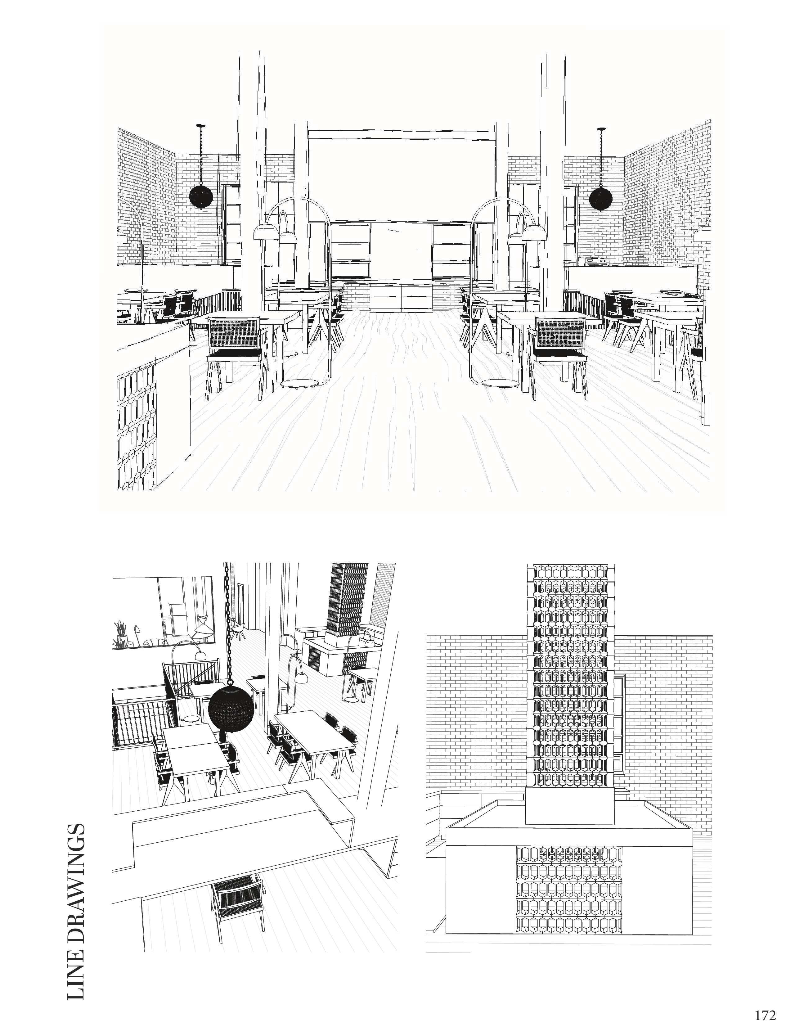 Black and white line drawings of a jewelry studio interior showing seating areas, work
tables, and a central display element from multiple perspectives.
