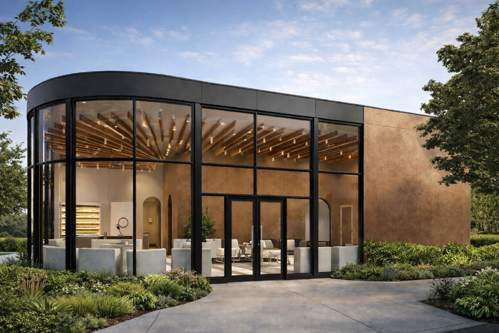 Exterior rendering of a modern optometrist oﬃce featuring a curved glass façade, warm-toned plaster walls, and visible wood ceiling elements inside, surrounded by landscaped greenery.