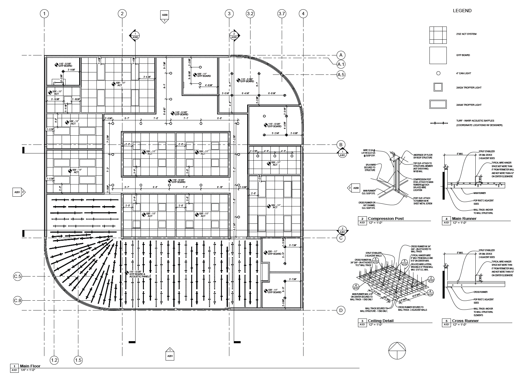 Reflected ceiling plan of an optometrist oﬃce showing lighting layout, ceiling types, and
acoustic elements, with detailed construction diagrams and a legend.