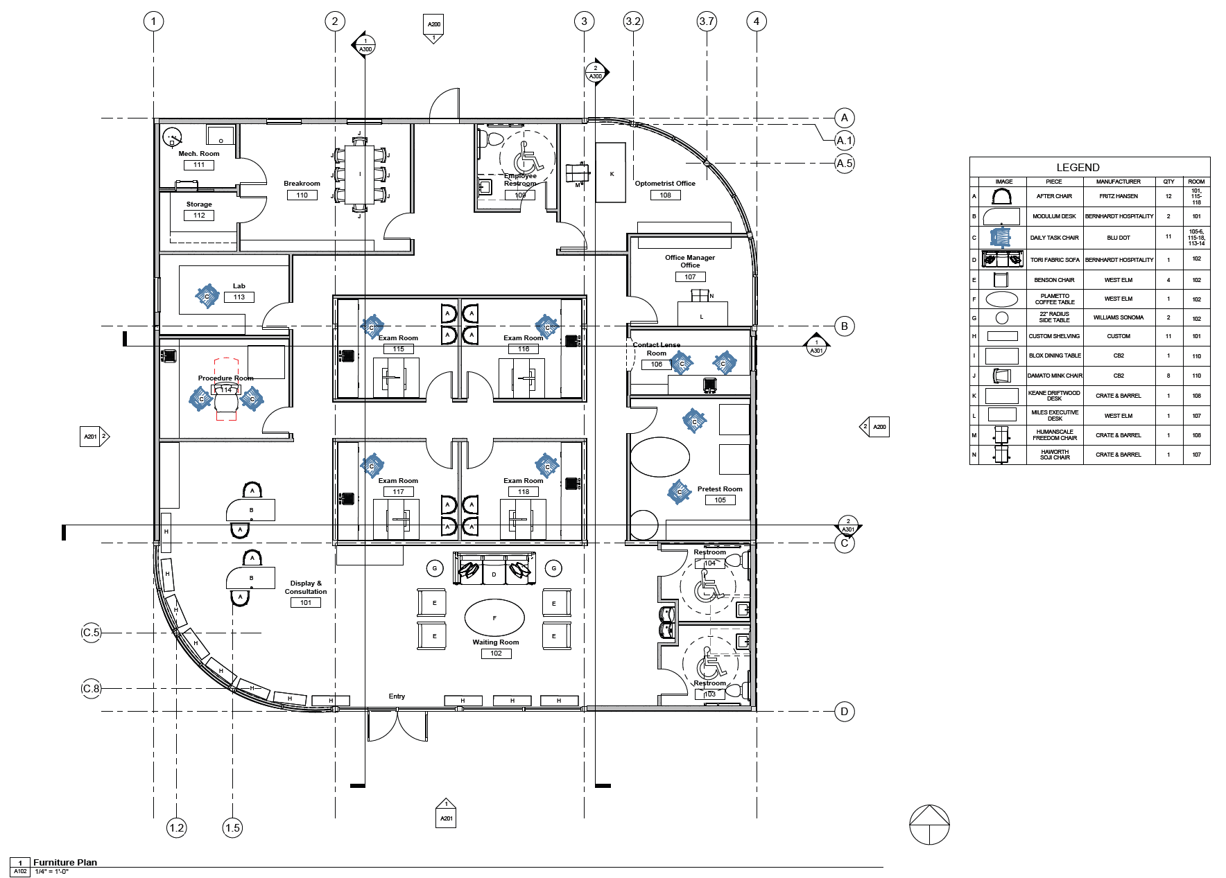 Furniture plan of an optometrist oﬃce layout showing exam rooms, waiting area,
oﬃces, and support spaces, with furniture placement and a corresponding legend.