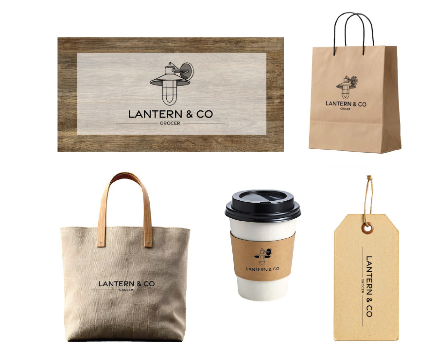 Branded merchandise mockups for Lantern & Co Grocer, including signage, shopping bags, a tote, a coffee cup, and a tag, all featuring the lantern logo and minimalist design.