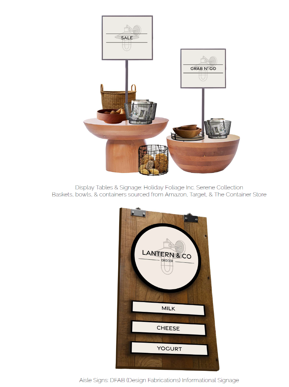 Retail display concept featuring wooden tables with baskets and packaged goods, paired with branded signage and aisle markers for product categories like sale items and grab-and-go.