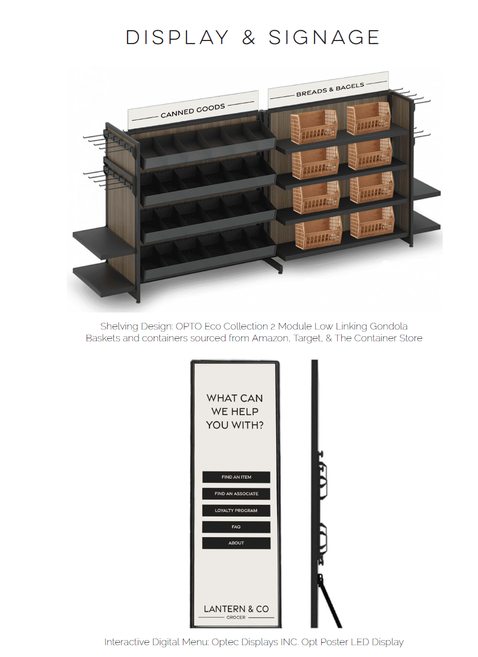 Retail shelving and signage concept featuring labeled display units for canned goods and baked items, along with an interactive digital kiosk for customer assistance and navigation.