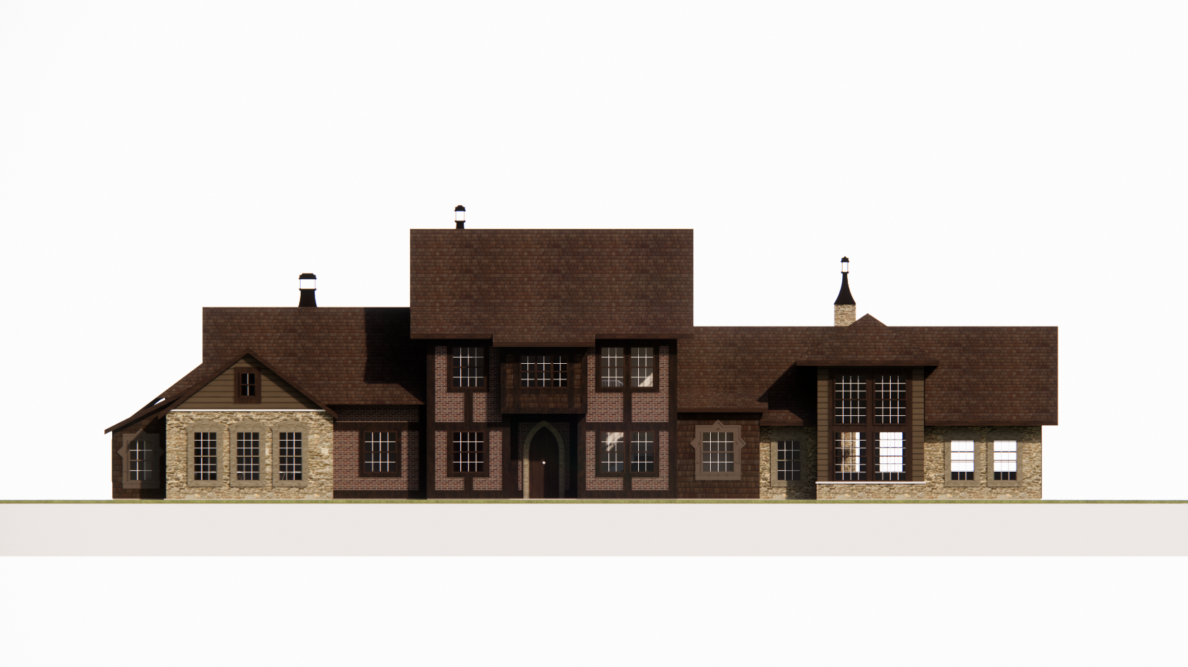 Front elevation of a Tudor-inspired home combining brick, stone, and timber detailing, with varied rooflines and symmetrical composition expressing layered historical additions.