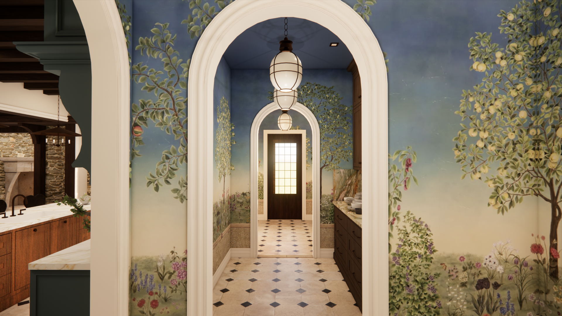 Series of arched thresholds lead through a mural-lined corridor with botanical imagery,
patterned flooring, and soft lighting, creating a layered, immersive spatial experience.