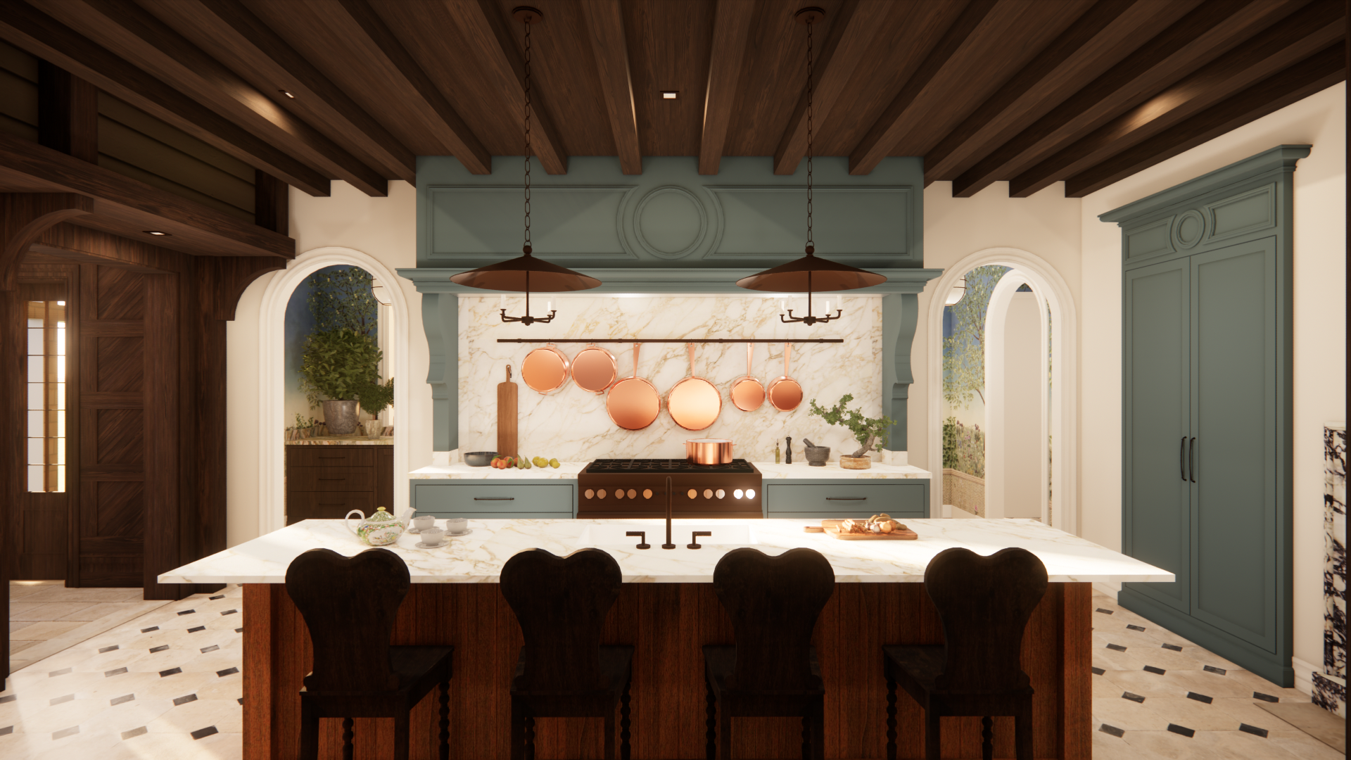 Traditional kitchen with marble island, painted cabinetry, and exposed wood beams, featuring copper cookware, arched openings, and layered materials creating warmth and dept
