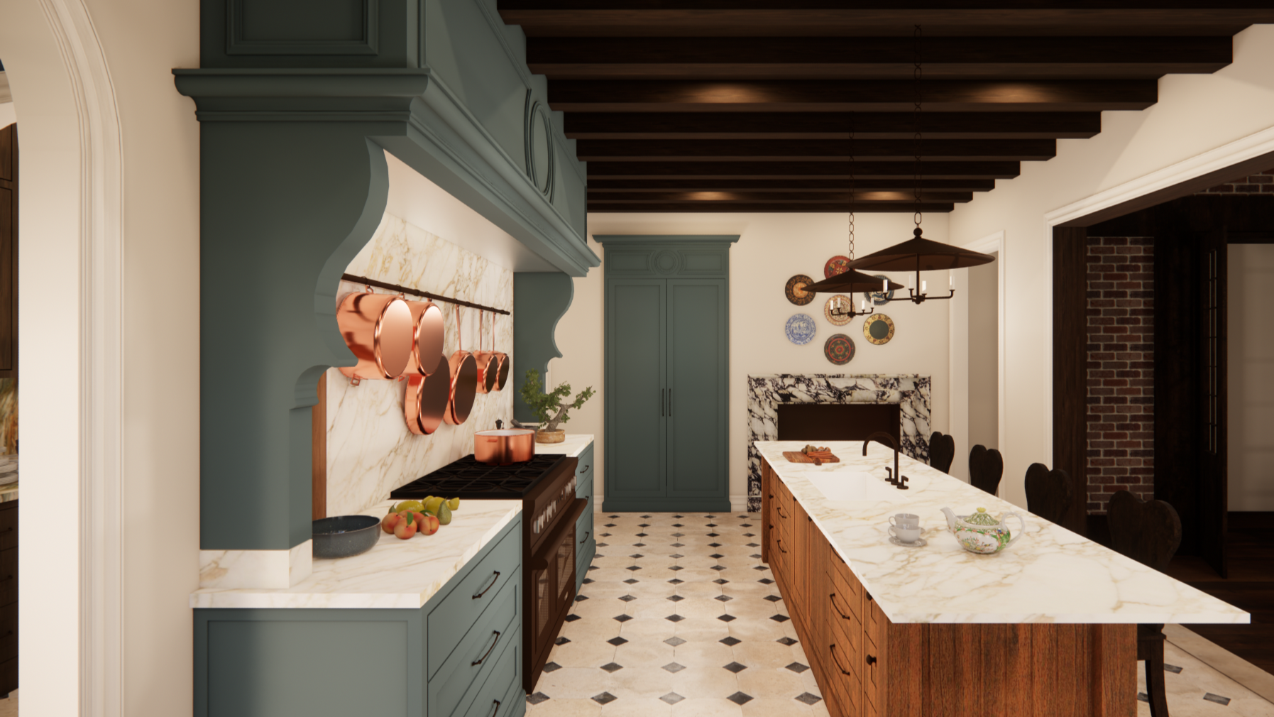 Perspective view of kitchen highlighting marble surfaces, painted millwork, and wood cabinetry, with copper accents and fireplace anchoring a richly layered, traditional composition.