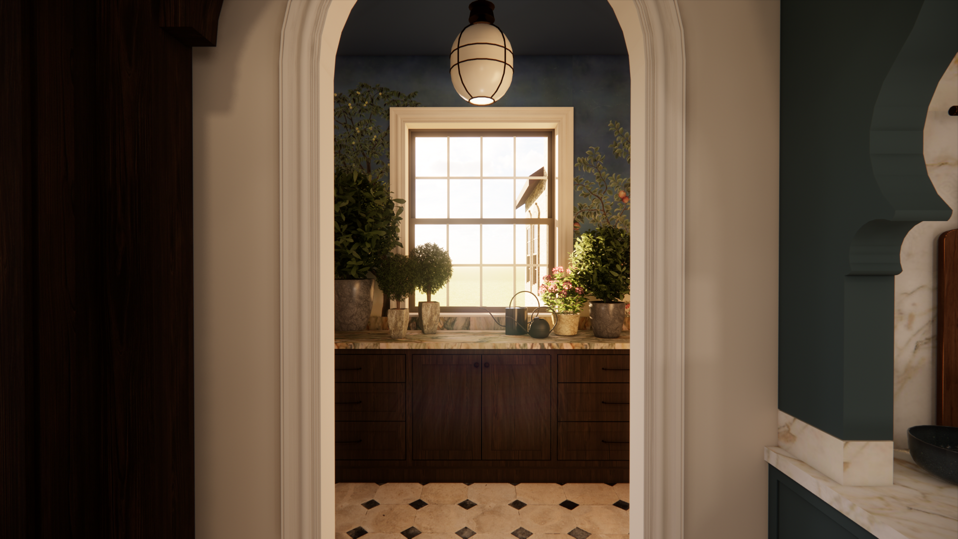 Arched opening frames a secondary prep space with wood cabinetry, potted greenery, and natural light, creating a quiet, intimate moment within the larger kitchen.