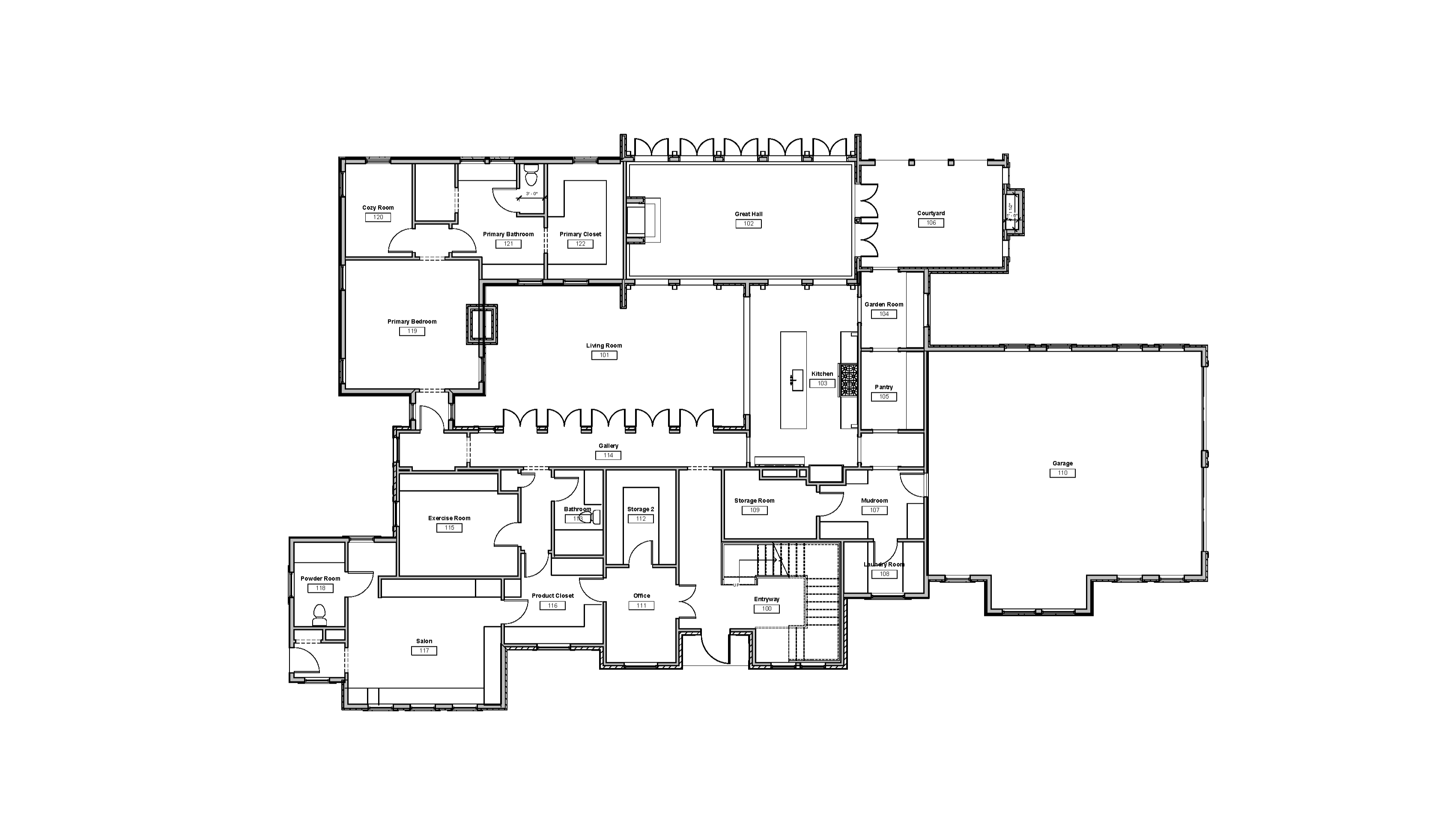 Architectural floor plan showing spatial layout of residence, including labeled rooms, circulation paths, and adjacencies, illustrating organization of public, private, and service spaces.