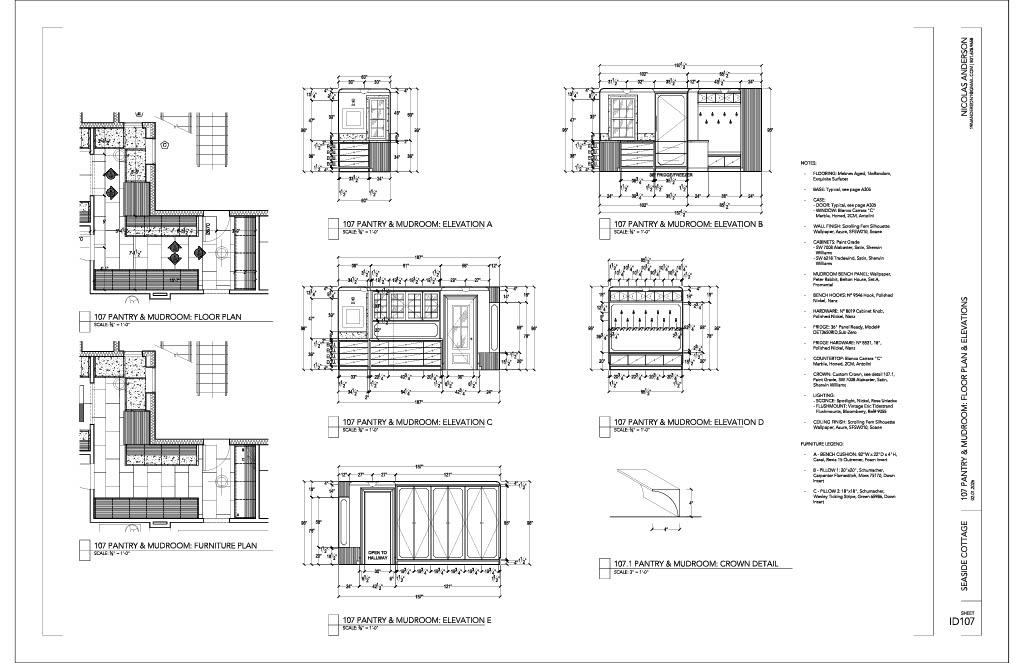 Pantry and mudroom drawings with floor plans, elevations, and millwork details, showing storage organization, cabinetry design, and functional layout within a compact service space.
