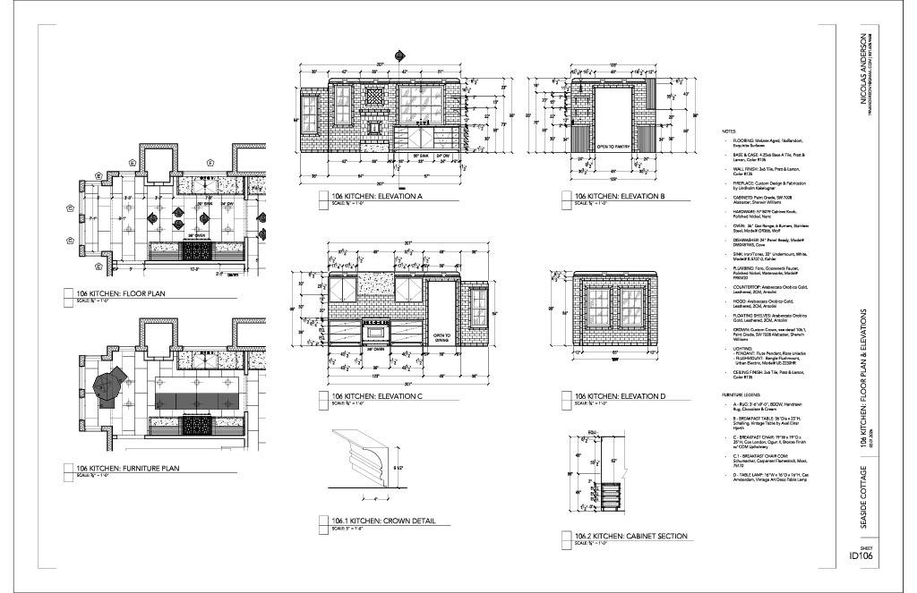 Detailed kitchen drawings including floor plan, elevations, cabinet sections, and millwork details, illustrating spatial layout, material application, and construction intent.