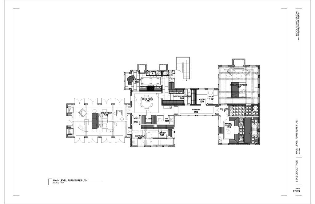 Main level furniture plan illustrating room layouts, furnishings, and circulation, organizing living, dining, and private spaces within a cohesive residential design.