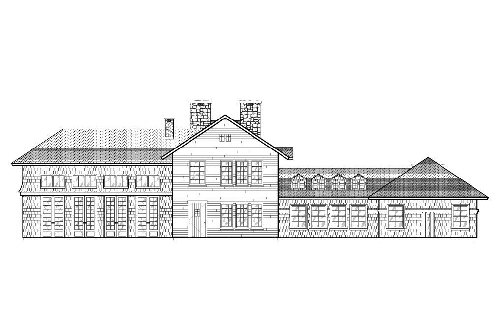 Exterior elevation drawing of a Tudor-inspired residence, showing varied rooflines, chimneys,
and window groupings, emphasizing layered materials and composition across the façade.
