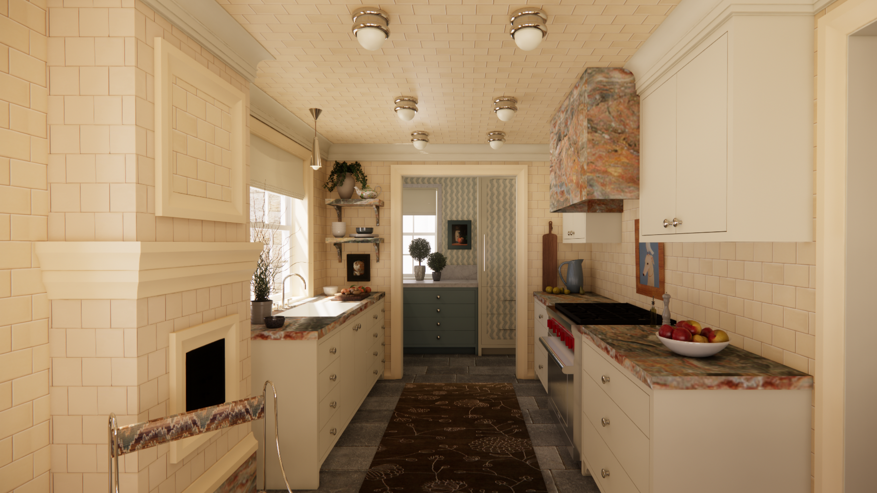 Narrow kitchen corridor with cream cabinetry, stone countertops, tiled walls, and warm lighting, leading toward a secondary space framed by layered materials and patterned surfaces.