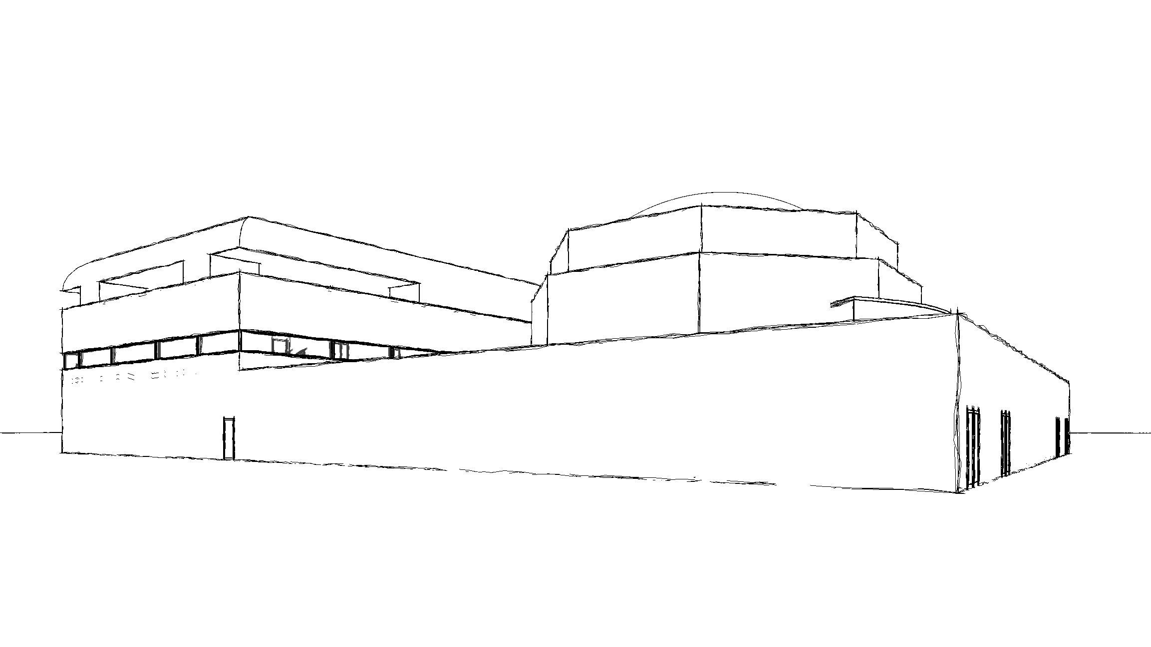 Conceptual exterior massing study showing simplified building volumes, layered forms, and horizontal window bands, exploring overall composition, proportion, and spatial hierarchy.