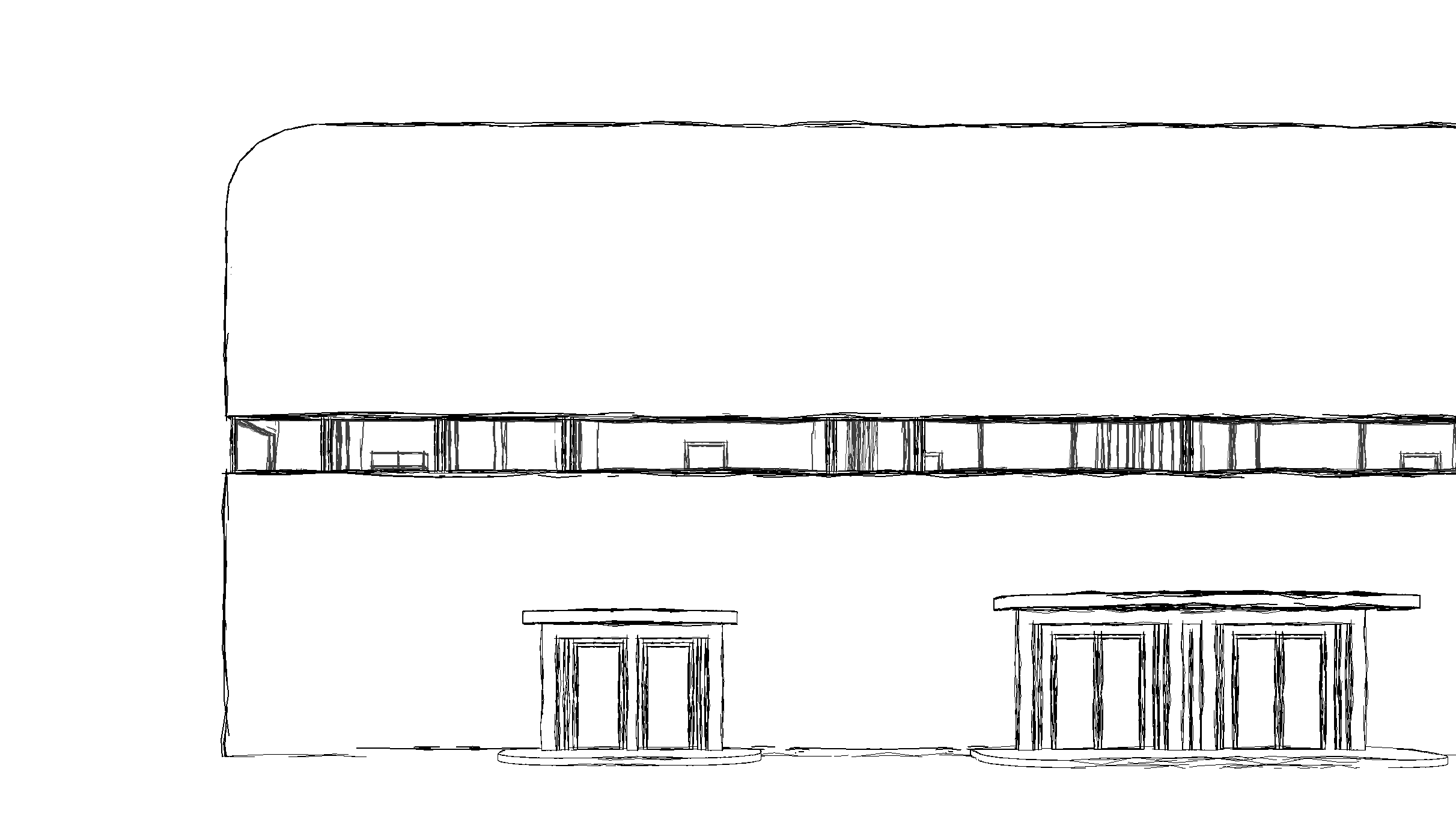 Linear elevation study with continuous horizontal window openings and simplified façade, emphasizing proportion, rhythm, and relationship between solid wall surfaces and glazing.