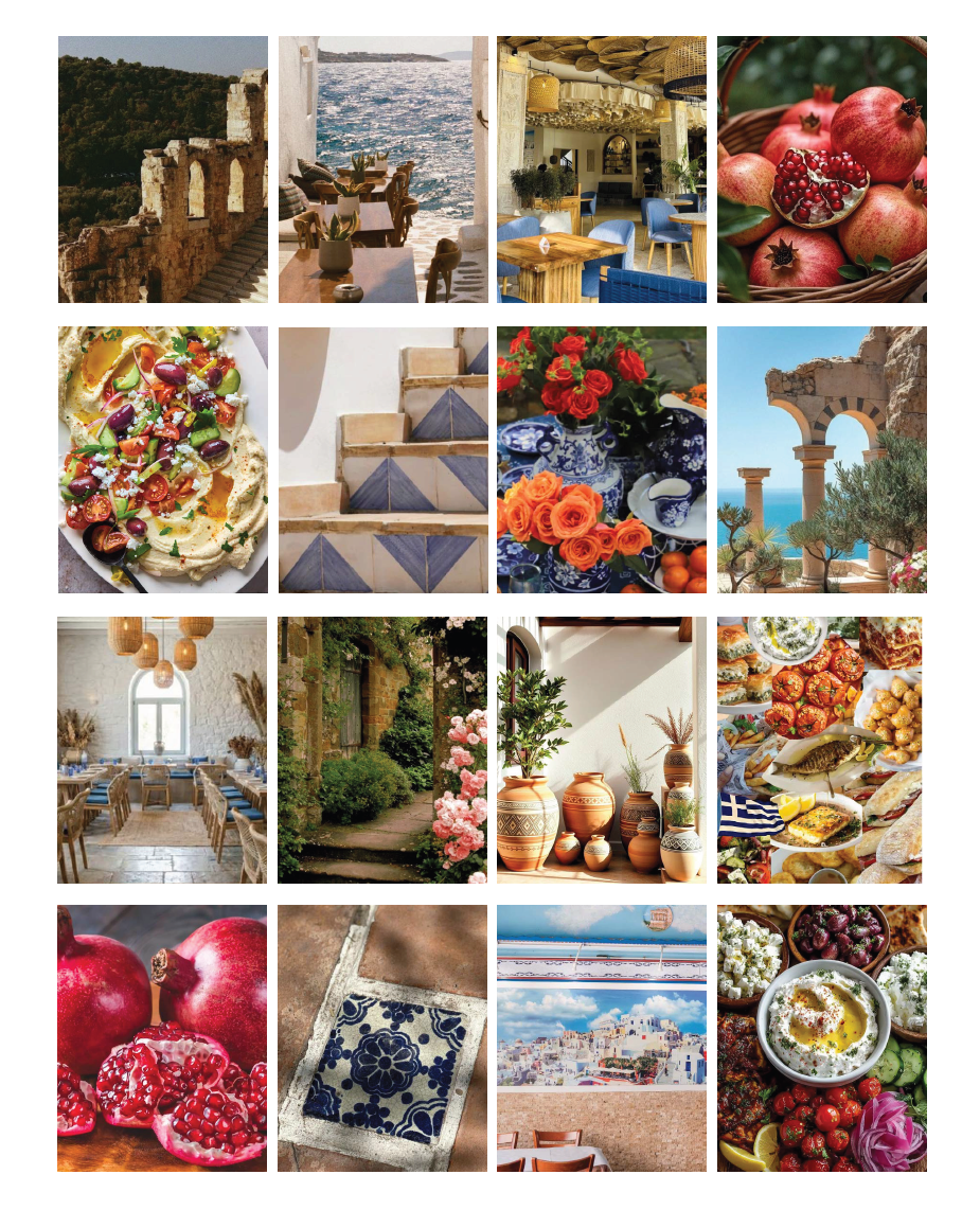 Mood board collage featuring Mediterranean-inspired imagery, including coastal architecture, interiors, ceramics, food, and textures in warm, natural tones.