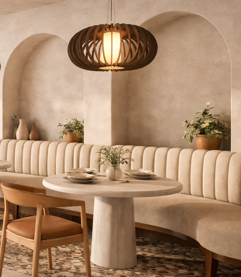 AI generated rendering of a cozy restaurant seating nook featuring curved banquette
seating, a round table, warm wood accents, and soft ambient lighting within arched wall niches.