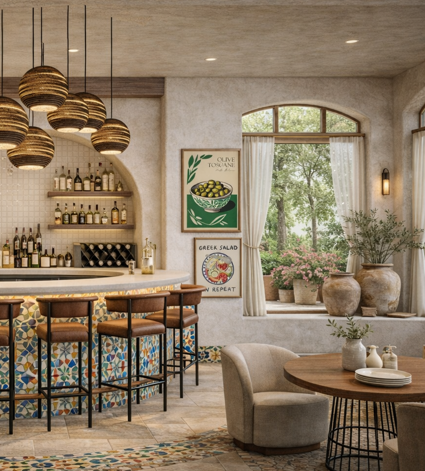 AI generated rendering of a Mediterranean-inspired restaurant featuring a tiled bar,
warm pendant lighting, arched windows, and natural materials with greenery and decorative ceramics.