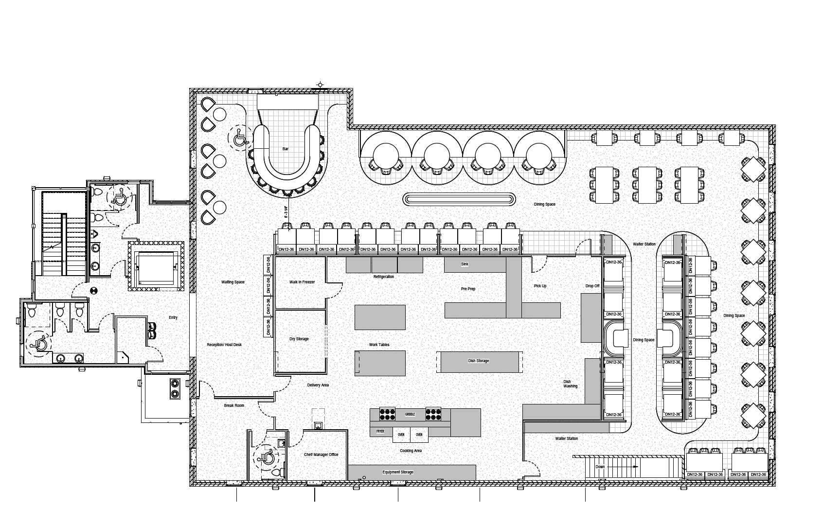 Floor plan of a restaurant layout showing dining areas, bar seating, kitchen and prep zones, and support spaces including restrooms and staff areas.