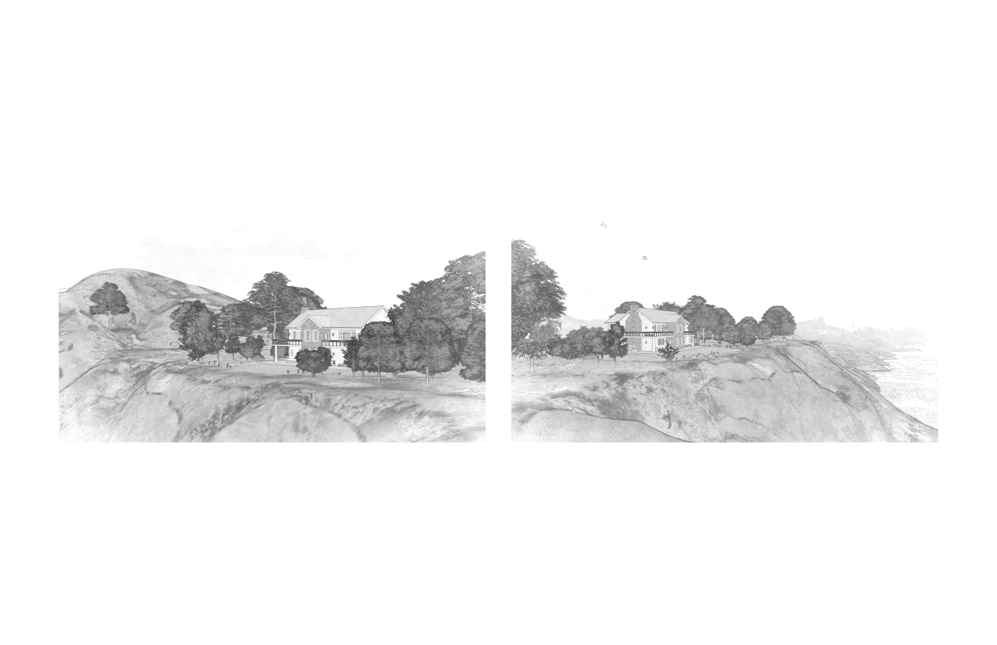 Exterior sketch-style black and white rendering showing the house situated on the coastline from a distant view.