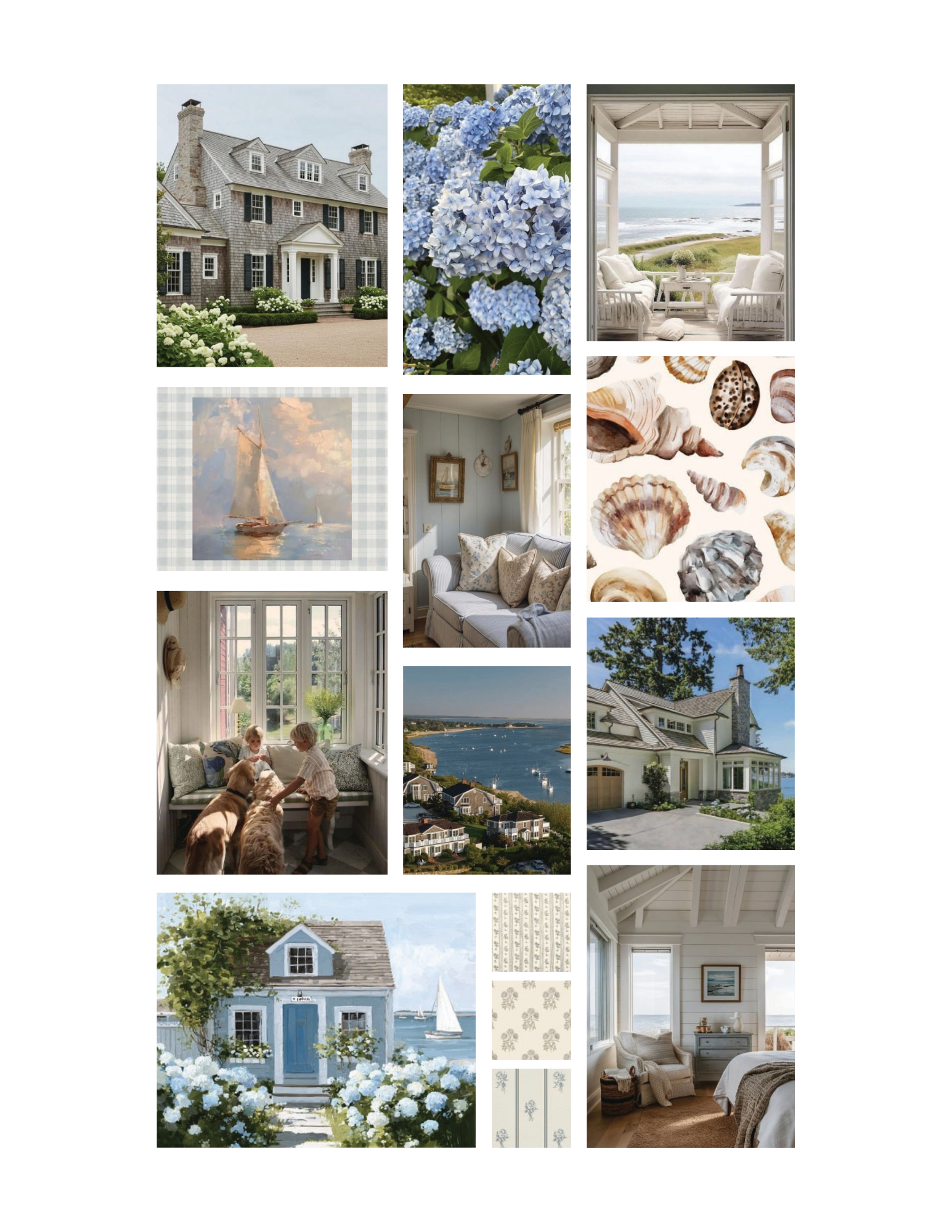 Inspiration and mood board displaying East Coast Cape Cod–style home references, including comforting interiors, coastal lines, and blue hydrangeas.