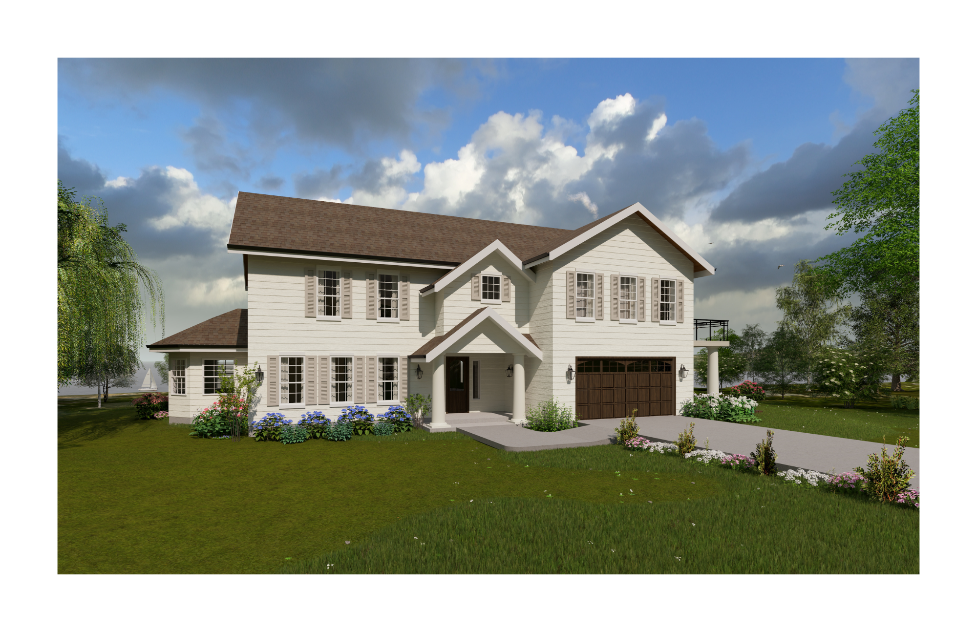 Exterior rendering previewing the front left of the house, surrounding landscape, and driveway.