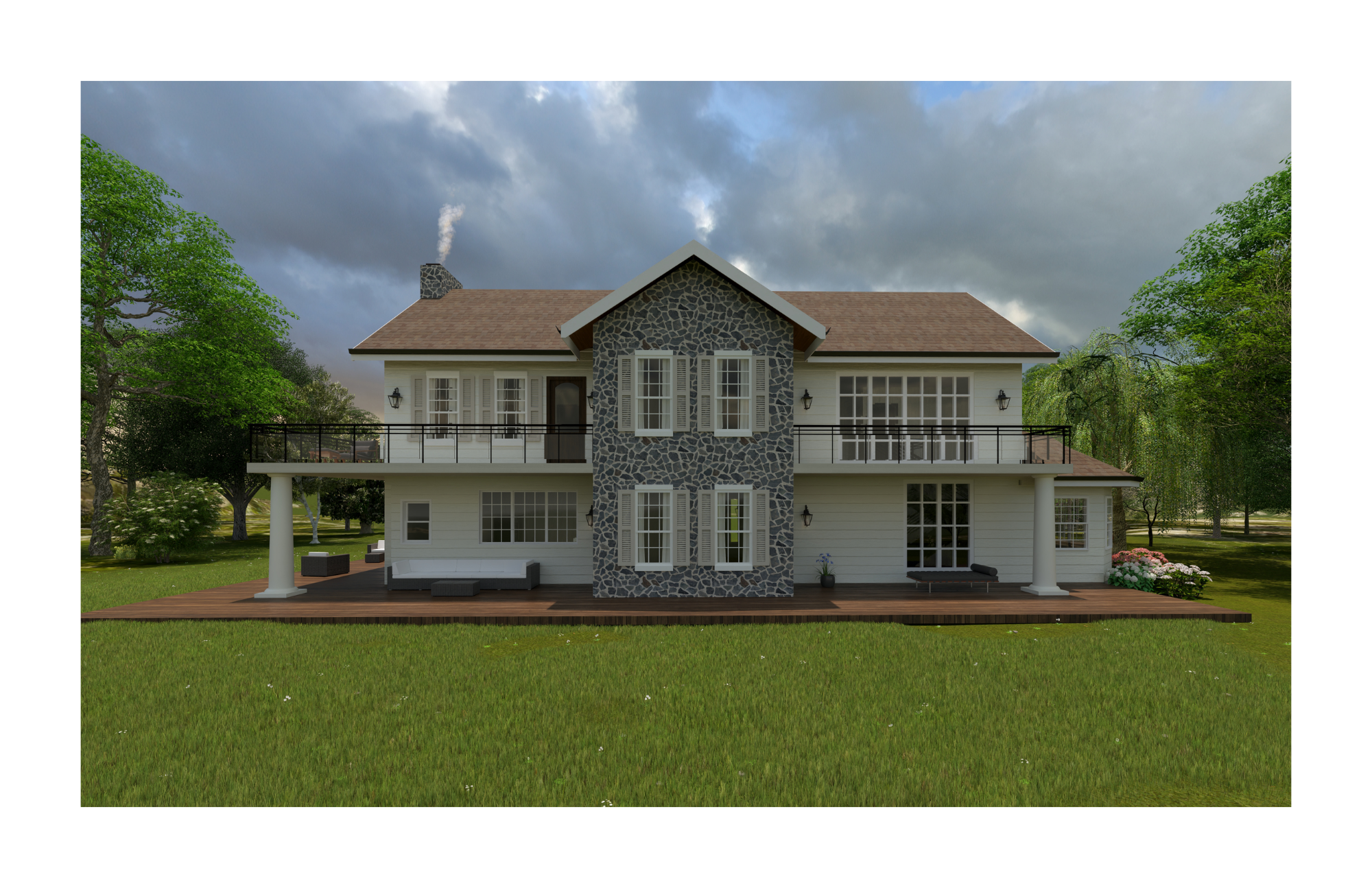 Exterior rendering of the back of the house and wraparound porch.