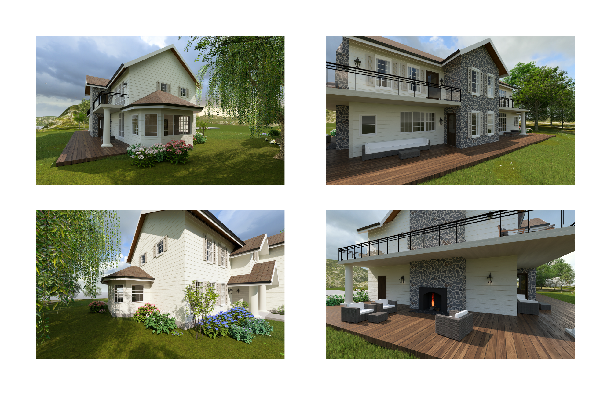 Interior rendering images showing the sunroom details to the left side of the house, and the feature fireplace with porch surrounding on the right side.