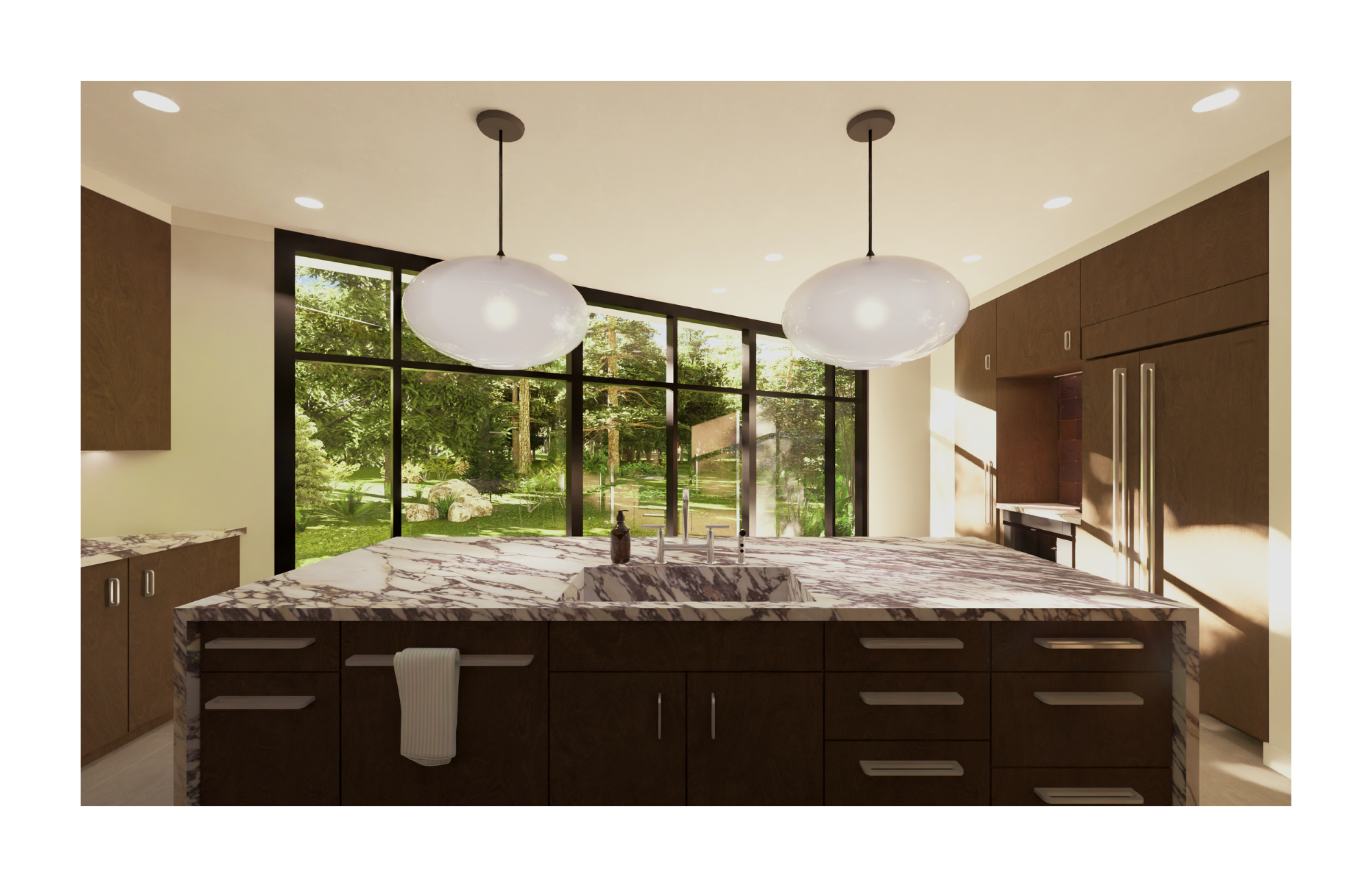 Interior rendering of the back view of the island facing the window wall and patio doors to the back yard.&nbsp;
