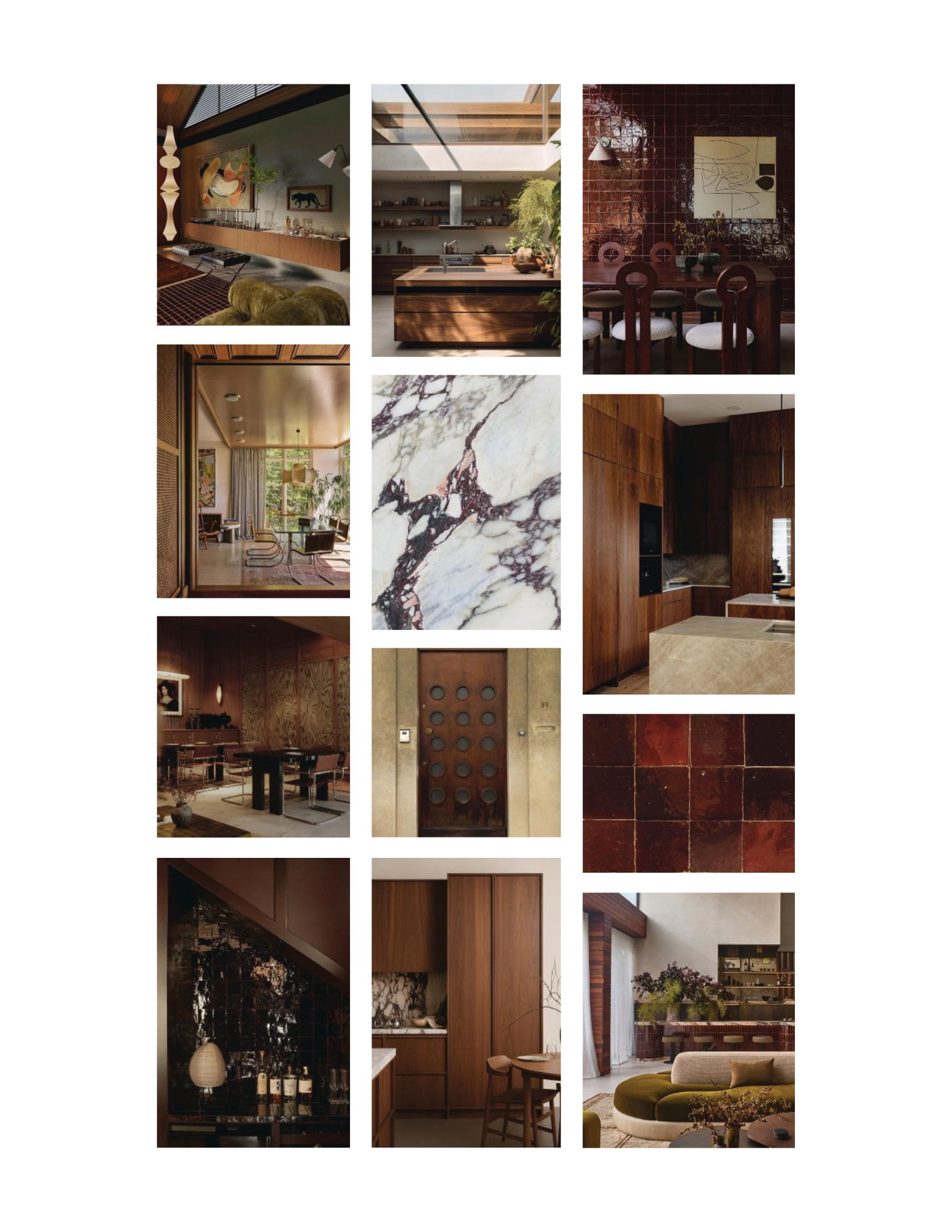 Inspiration and mood board displaying a moody arrangement of deep burgundy red tones, dark walnut wood, zellige tile, and calacatta viola.