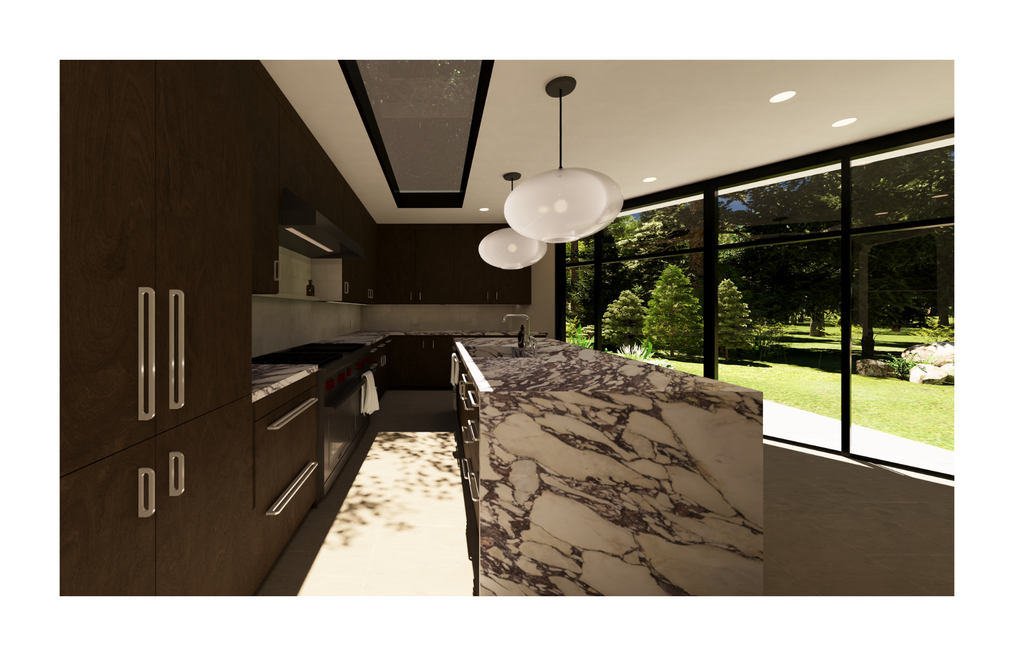 Interior rendering of the kitchen from the left side, viewing island, cabinetry and window wall.