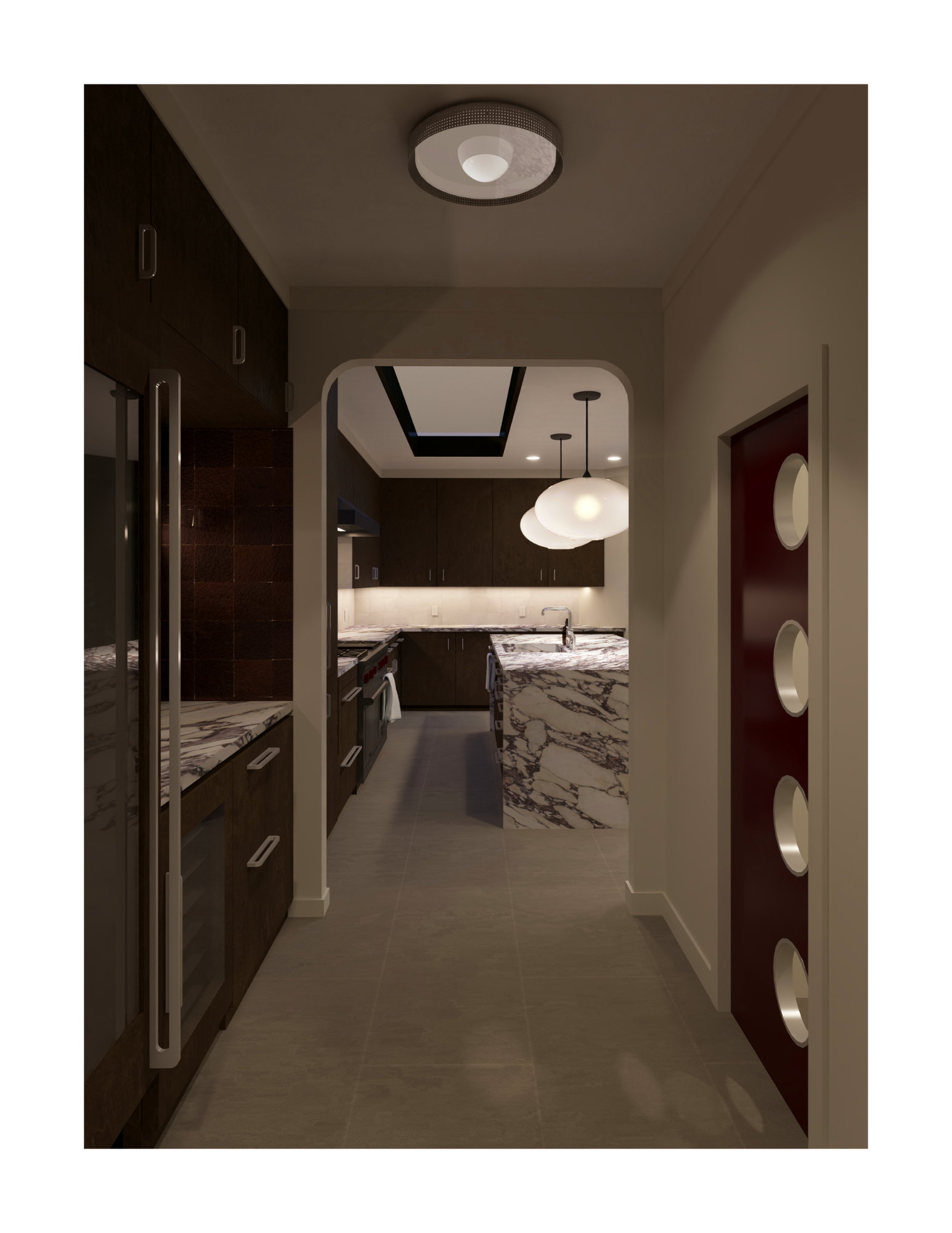 Interior rendering view from dining room looking into the dry bar and wine storage area, night lighting.&nbsp;