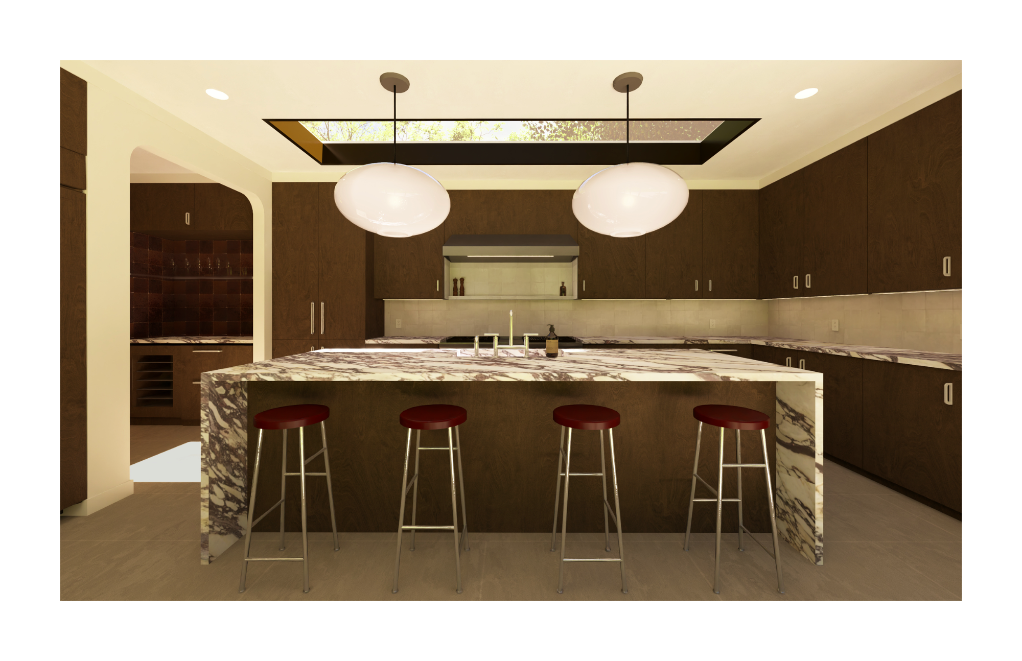 Interior rendering of the front view of the island and range wood cabinetry.