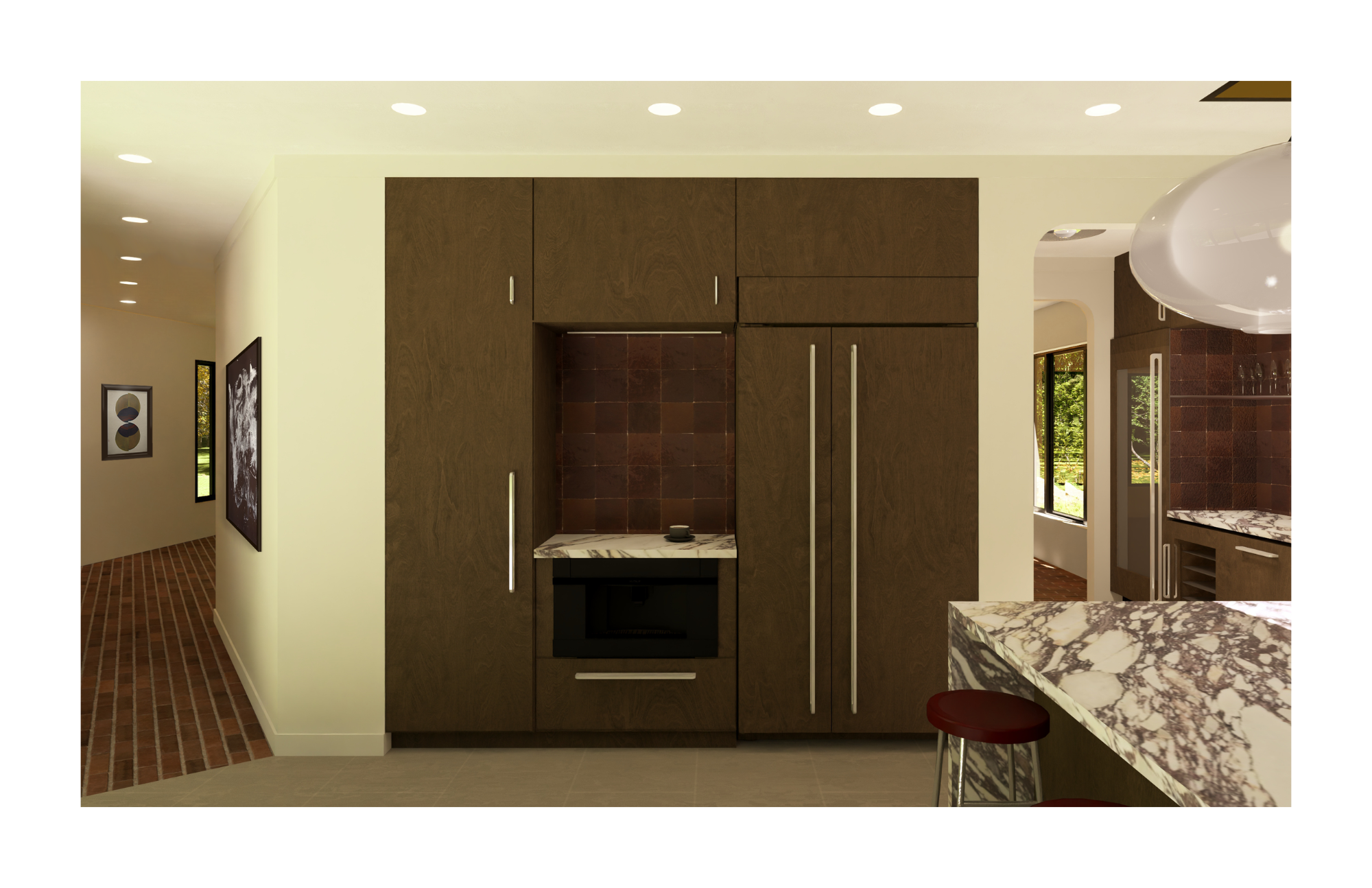 Interior rendering of the kitchen from the right side viewing the breakfast coffee area, cabinetry and refrigerator.