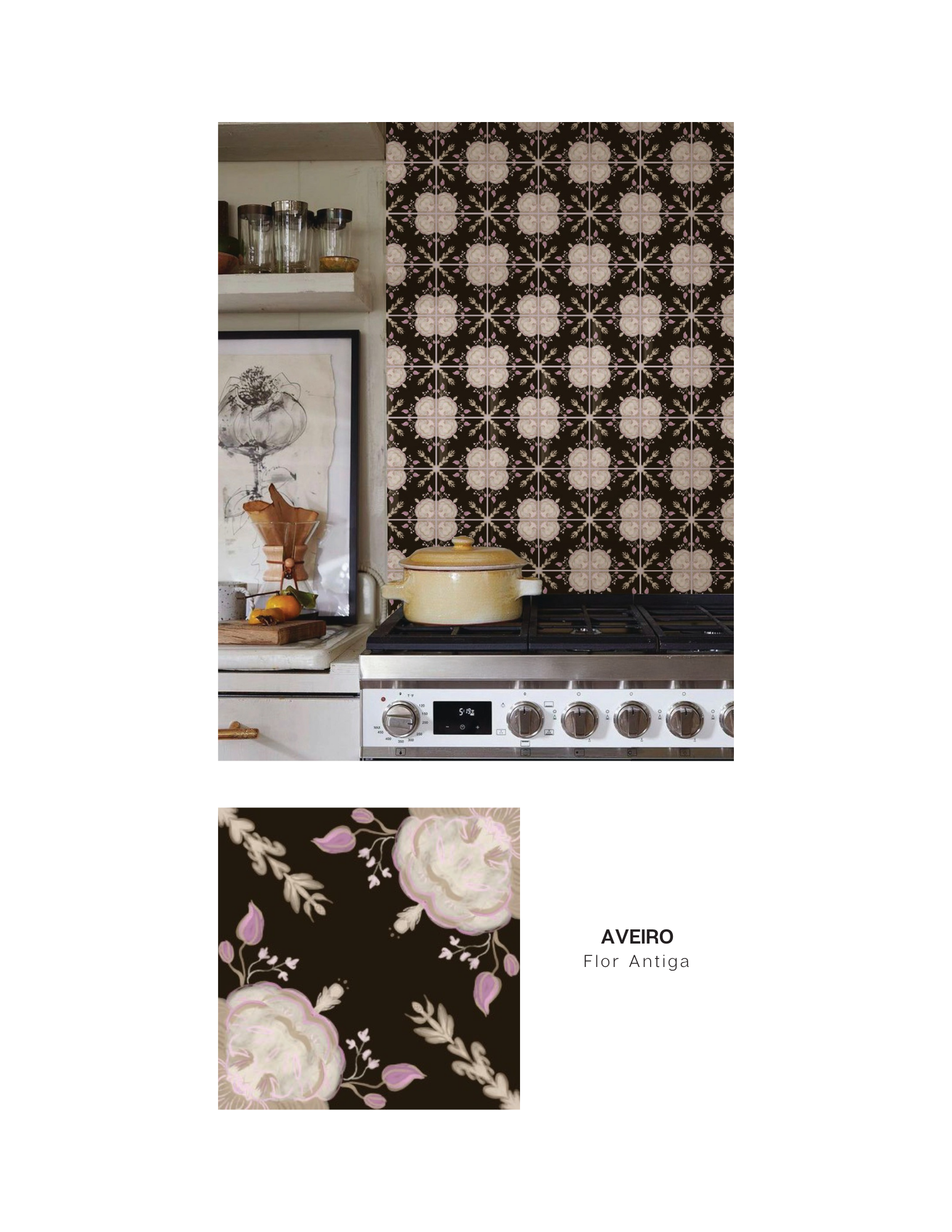 Second tile line and photoshopped vignette - Line Aveiro, Colorway Flor Antiga. Soft floral design in brown cream and pink.