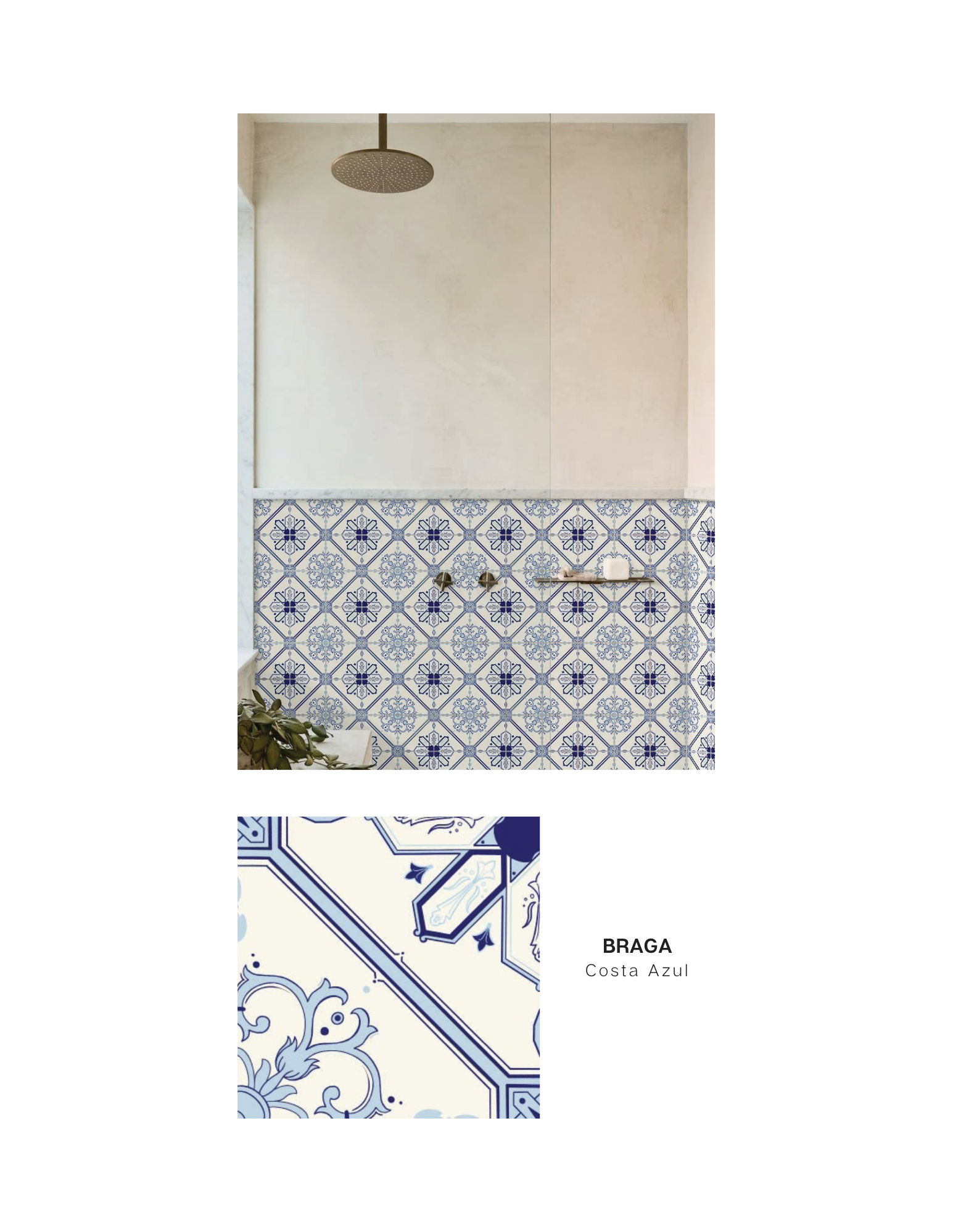First tile line and photoshopped vignette - Line Braga, Colorway Costa Azul. Geometric/floral mixed design in blue and white.