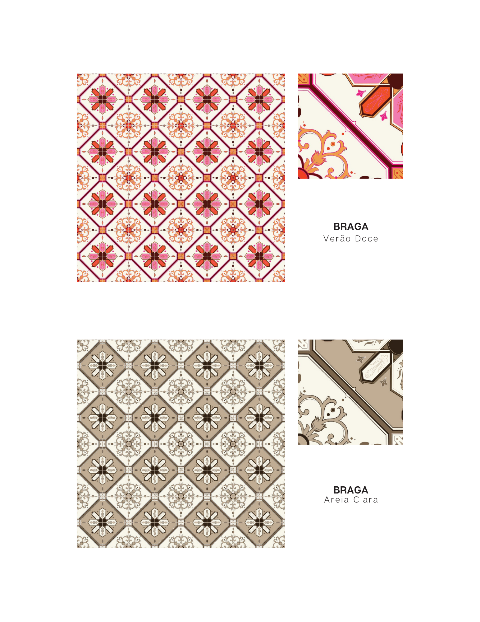 First tile line - Line Braga, Colorway Verao Doce & Aeia Clara. Geometric/floral mixed design in pink and orange & neutral colors.