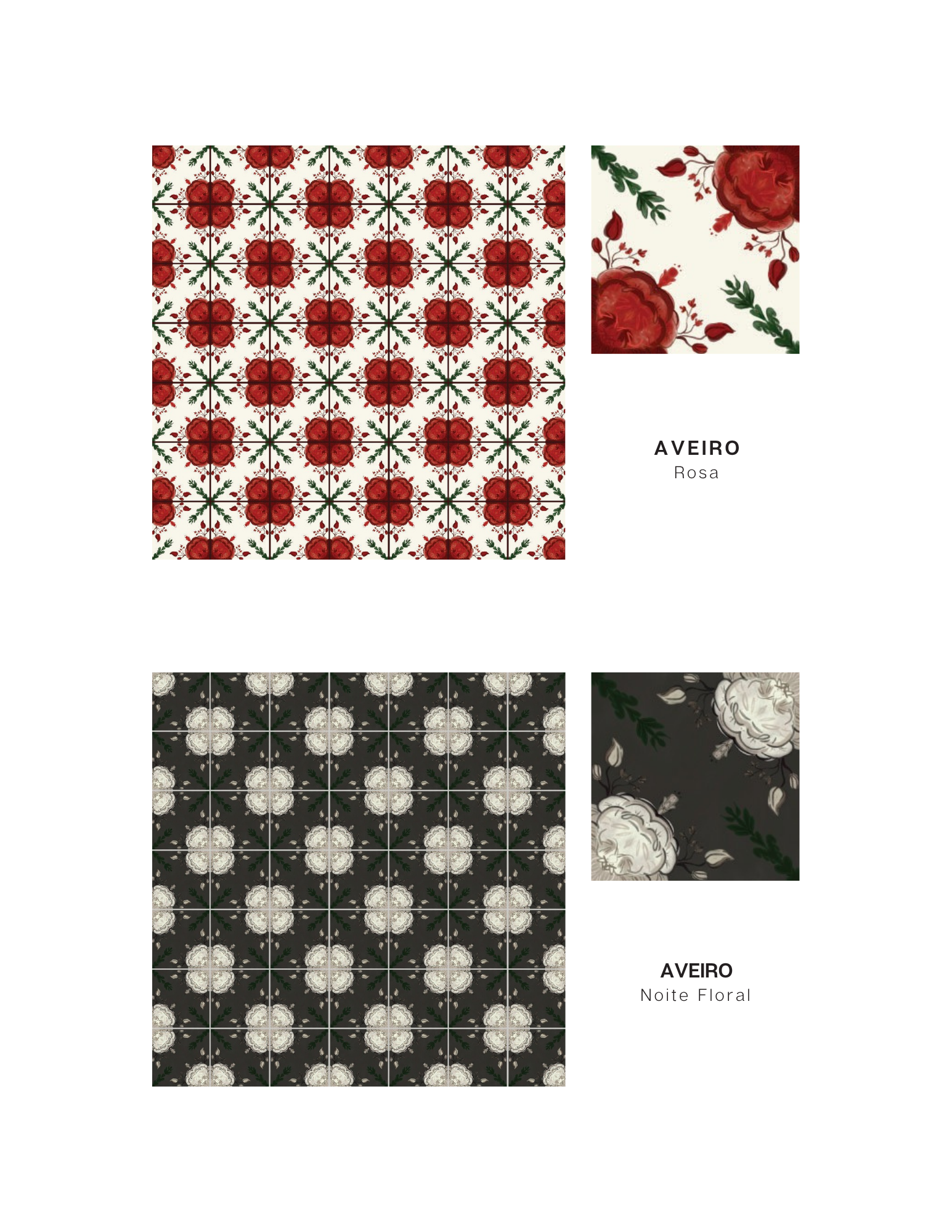 Second tile line - Line Aveiro, Colorway Rosa & Noite Floral. Soft floral design in red and green & charcoal and cream.