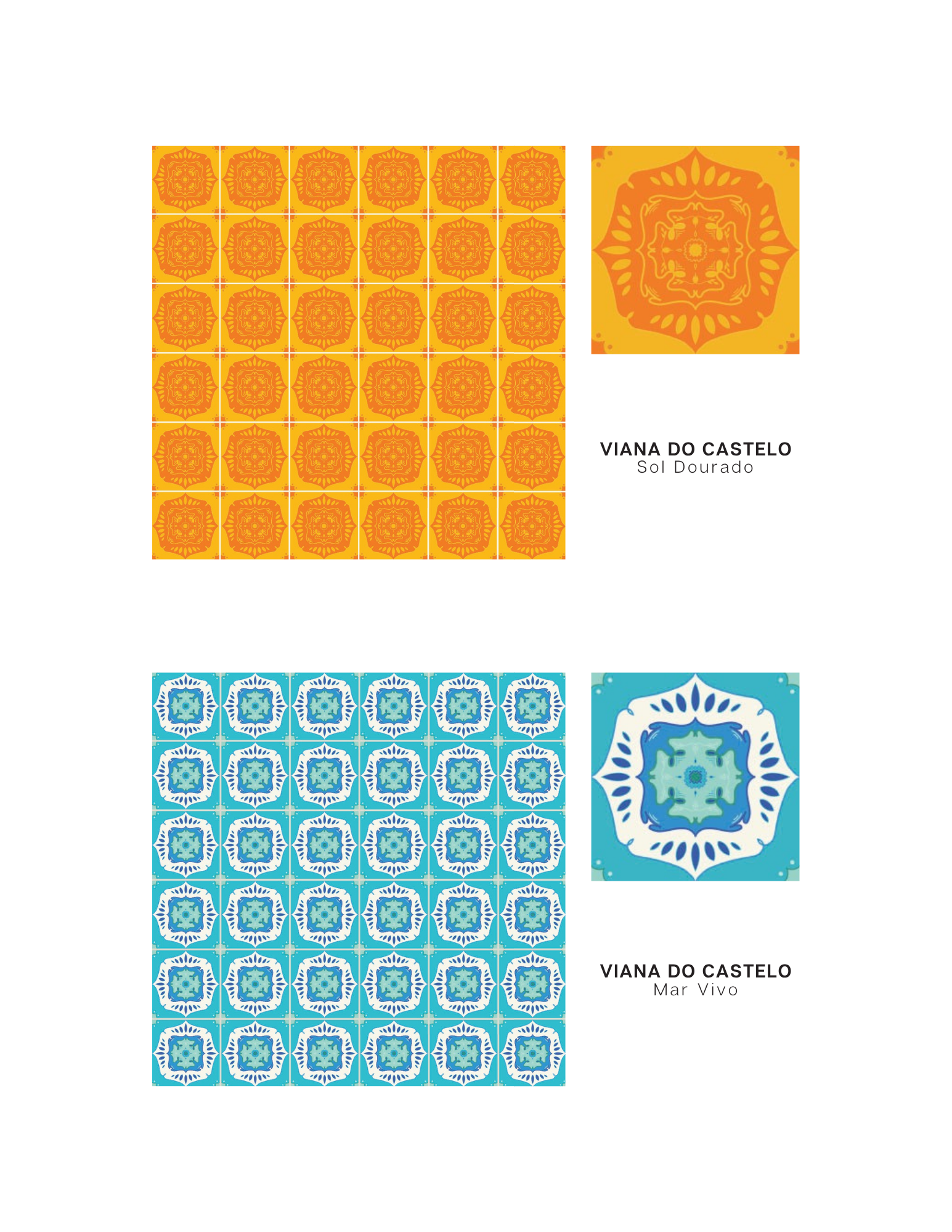 Third tile line - Line Viana Do Castelo, Colorway Sol Dourado & Mar Vivo. Symmetrical design in orange and yellow & teal, blue and white.