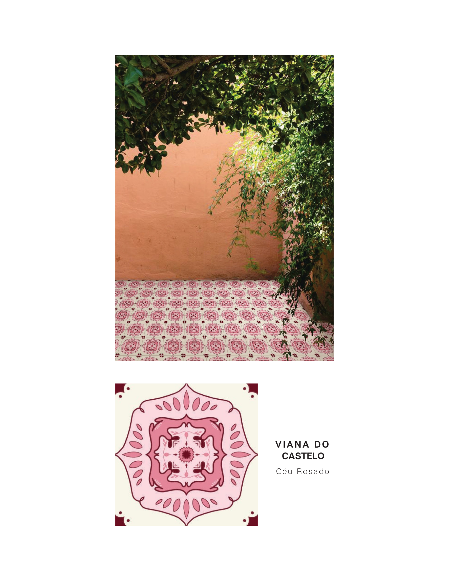 Third tile line and photoshopped vignette - Line Viana Do Castelo, Colorway Ceu Rosado. Symmetrical design in cream and pinks.