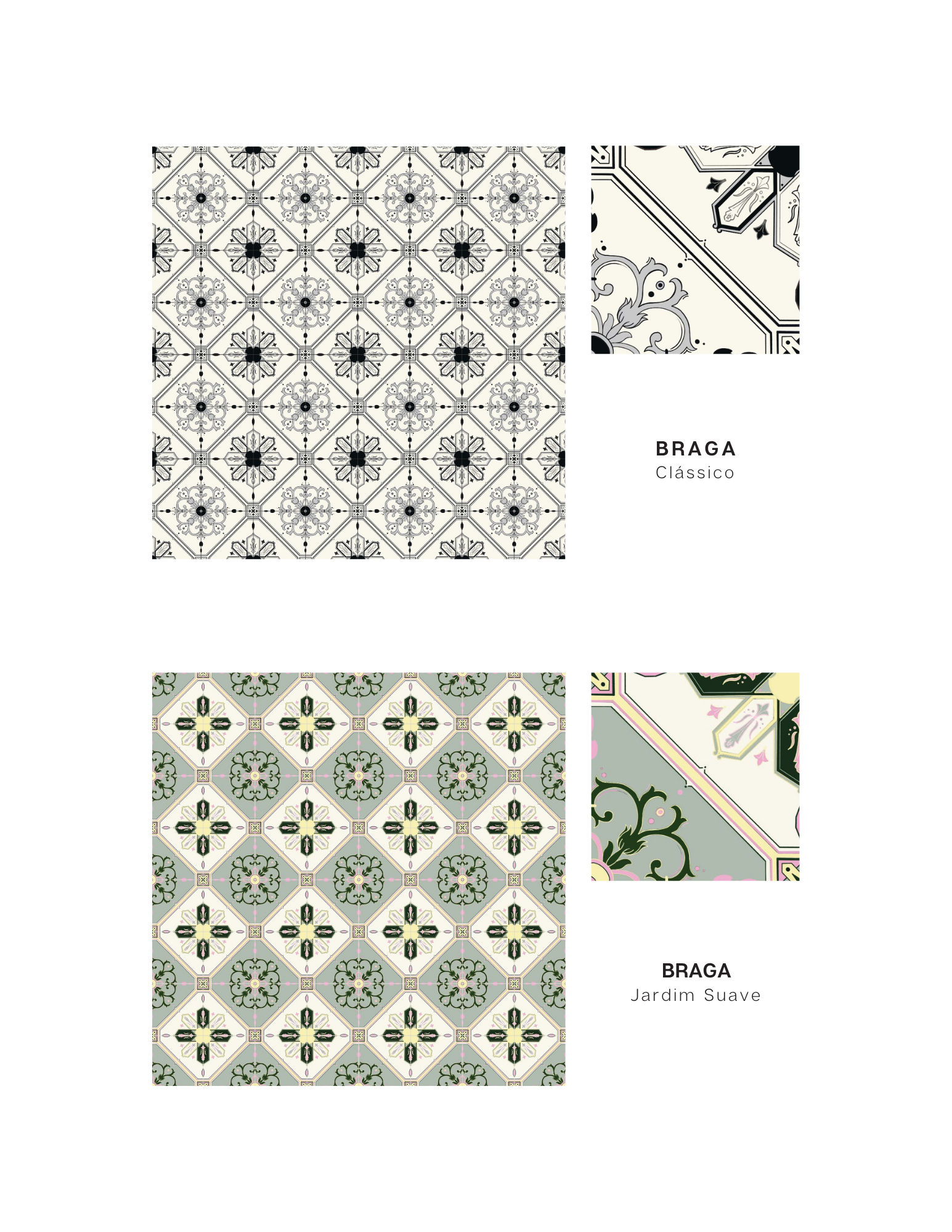 First tile line - Line Braga, Colorway Classico & Jardim Suave. Geometric/floral mixed design in black and white & Sage green, pink and butter yellow.