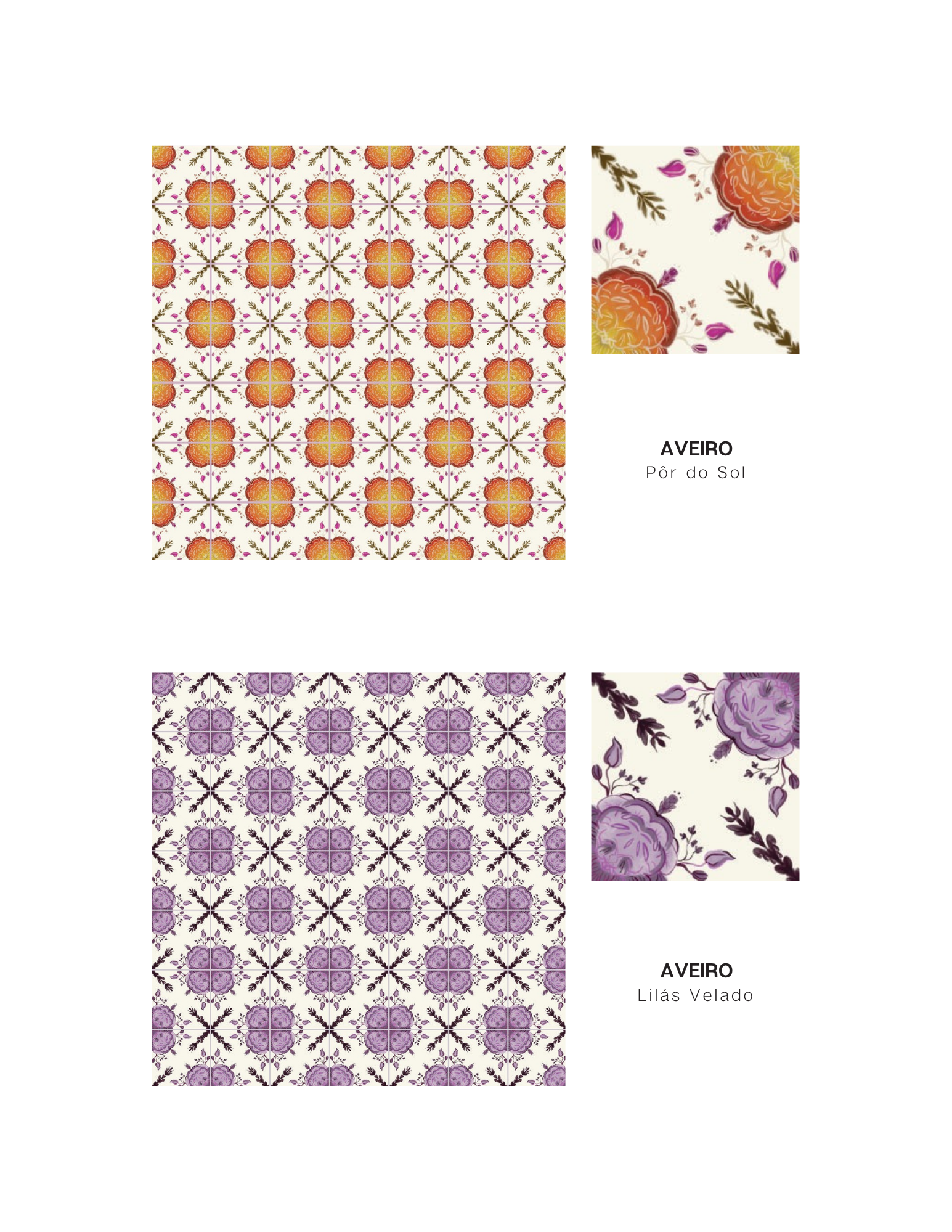 Second tile line - Line Aveiro, Colorway Por do Sol & Lilas Velado. Soft floral design in red, orange, yellow and pink & shades of purple.