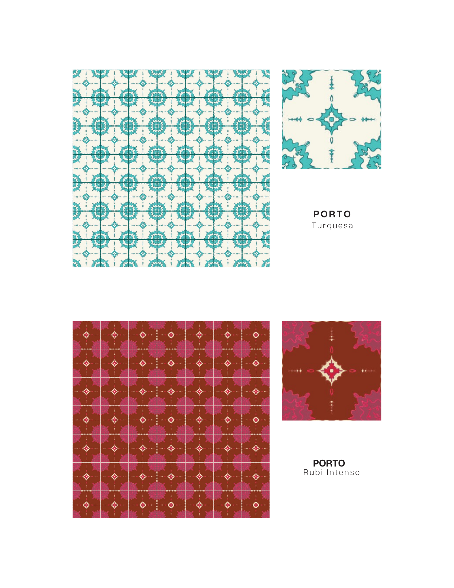 Fourth tile line - Line Porto, Colorway Turquesa & Rubi Intenso. Modern curved lineweight design in striped turquoise and cream & deep rust red and bright pinks.